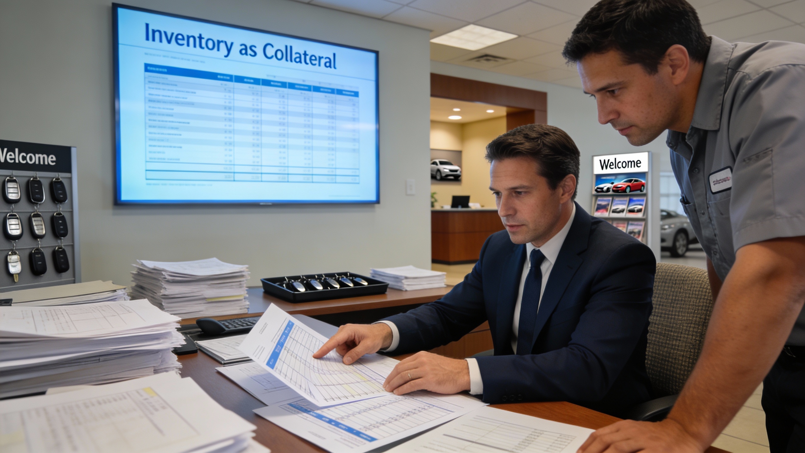 Dealership finance team reviewing inventory and balance-sheet charts, conveying that traditional dealers function as finance and real-estate businesses rather than car companies