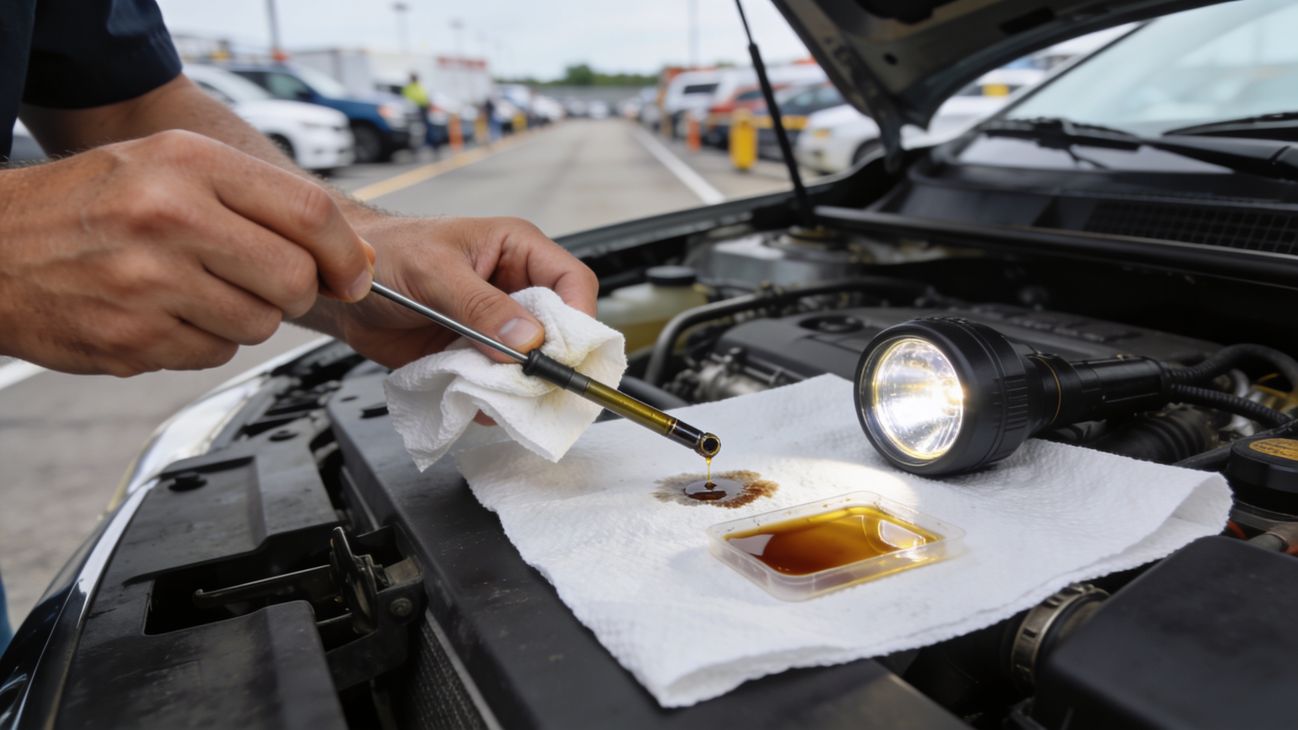 Close-up of an oil dipstick wiped on a white towel showing fluid discoloration as part of fluid checks that protect against flood damage and inform transparent car pricing
