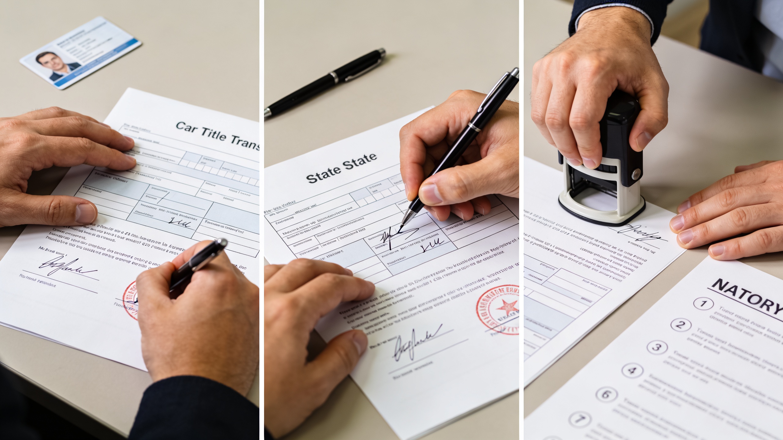 Close-up hands signing car title transfer forms and receiving a notary stamp, clear step-by-step paperwork for transferring ownership