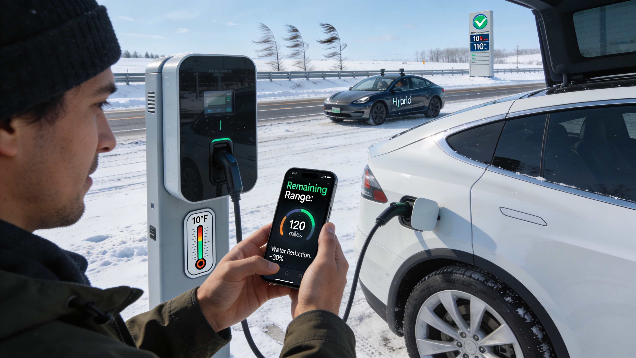 Electric vehicle charging at a snowy public station with smartphone range readout showing winter range reduction, illustrating regional realities and charging considerations
