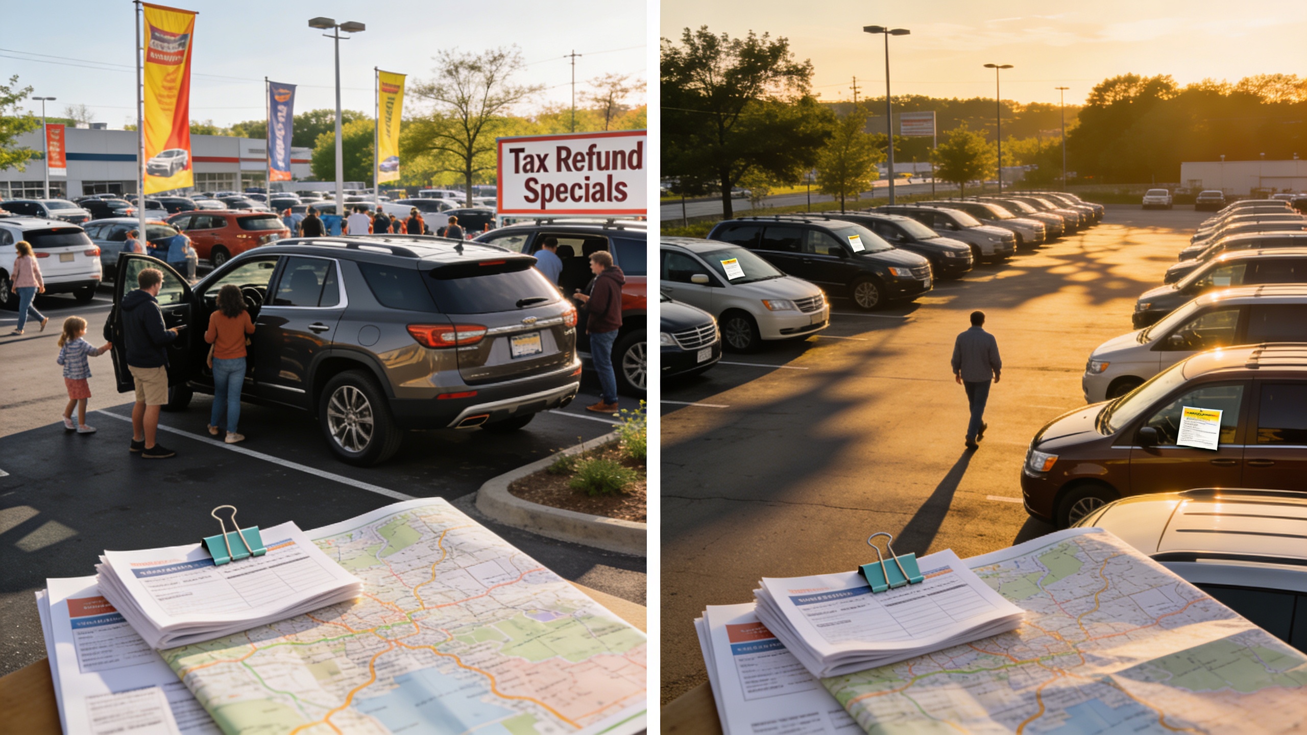 Side-by-side spring rush with families buying SUVs and a calm late-summer lot presenting lowered prices, illustrating timing to avoid the spring surge and capture late-summer bargains