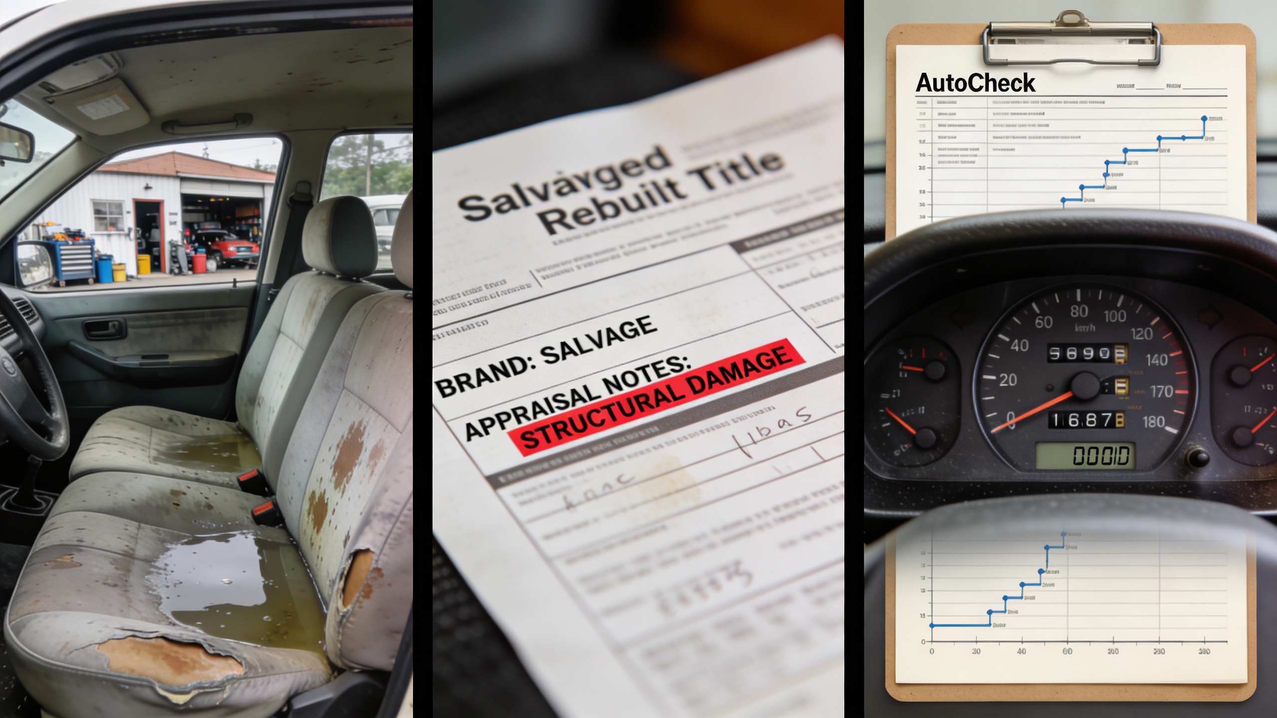 Triptych of water-damaged car interior, a salvaged title document, and an odometer timeline from a report, warning buyers about flood and odometer red flags when buying cars online
