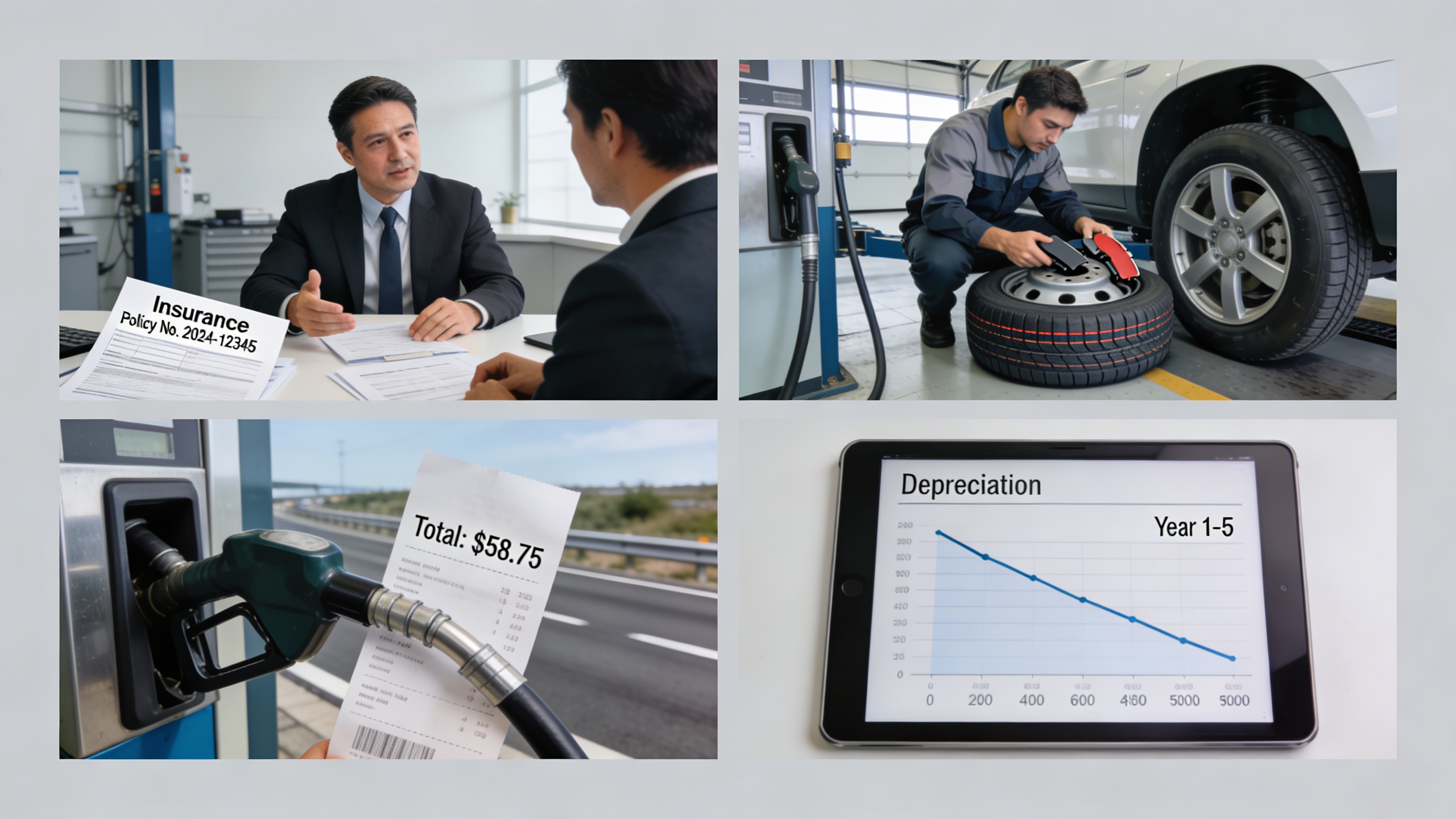 Editorial composite showing insurance discussion, mechanic checking tires, fuel receipt at a pump, and a depreciation graph illustrating the major costs drivers face beyond sticker price