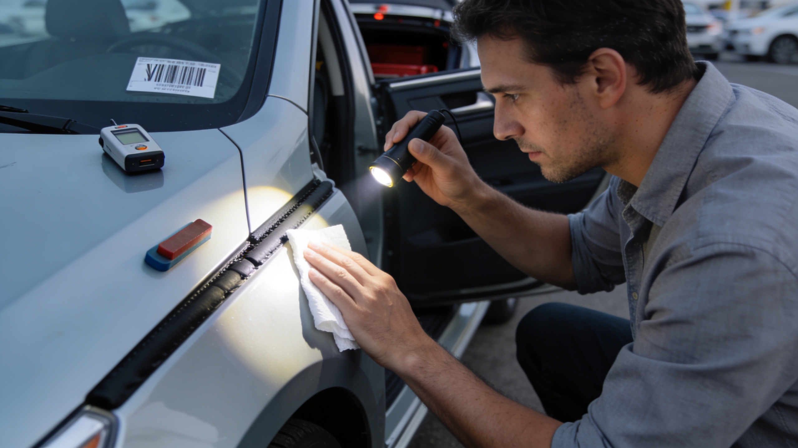 Buyer performing step-by-step inspection of door jambs and seals with flashlight and paper towel, an instructional image useful for transparent car pricing checks
