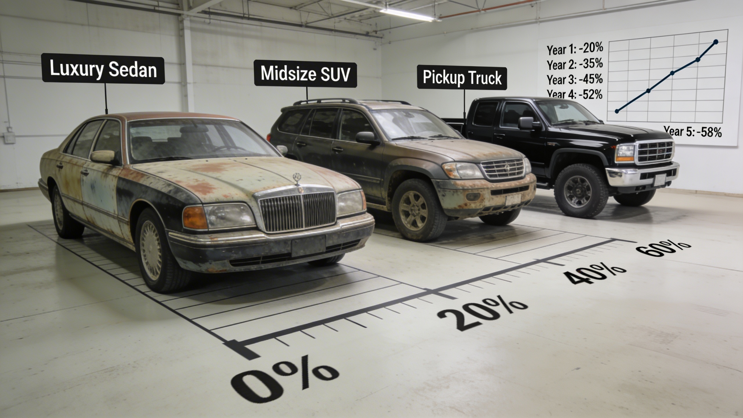 Three vehicles staged on a depreciation scale with percent markers, visualizing which models resist value loss and supporting wholesale used cars for sale research