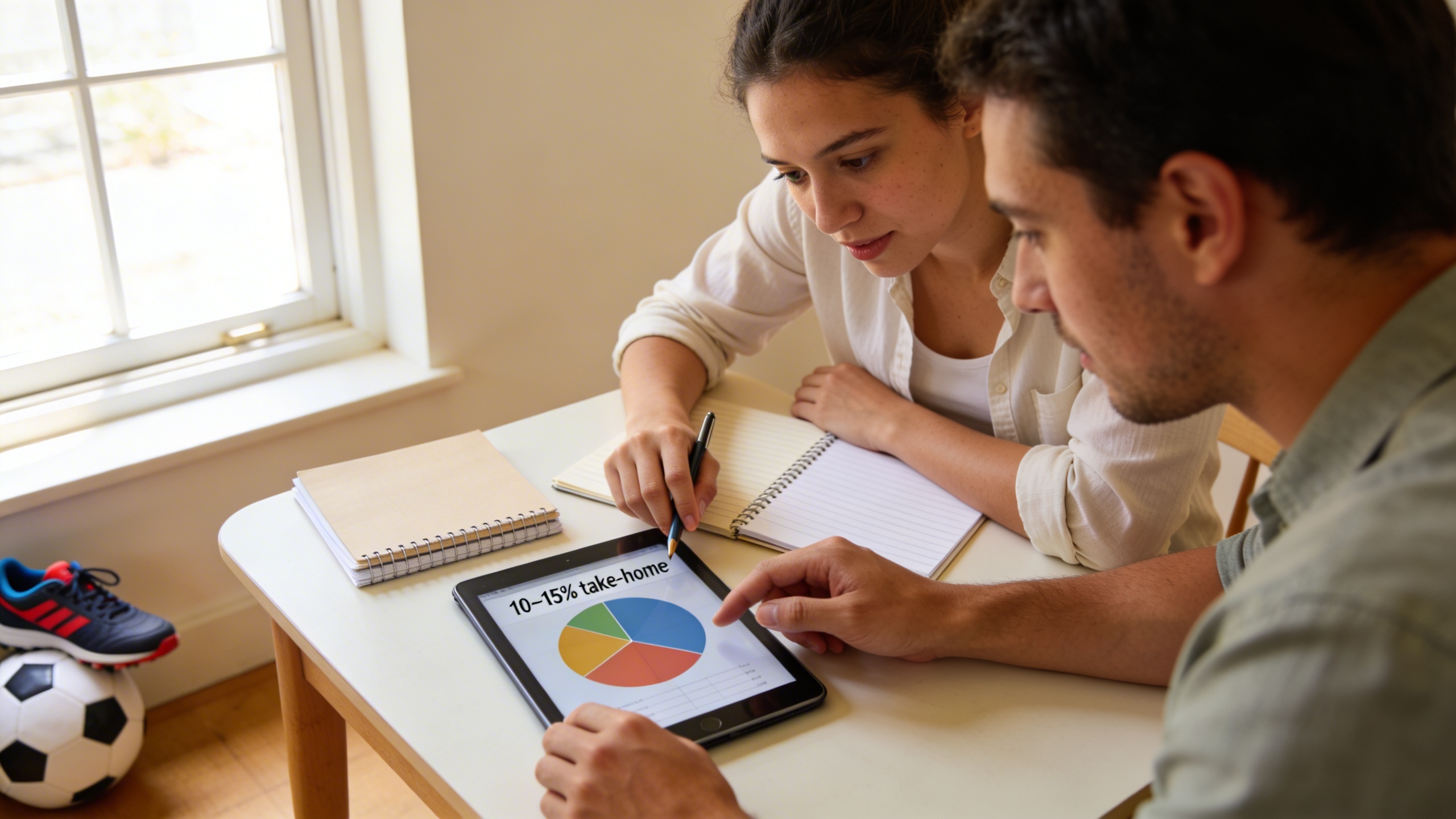 Young couple calculating a car affordability score on a tablet with a 10–15% take-home target, visualizing how to keep car costs within budget