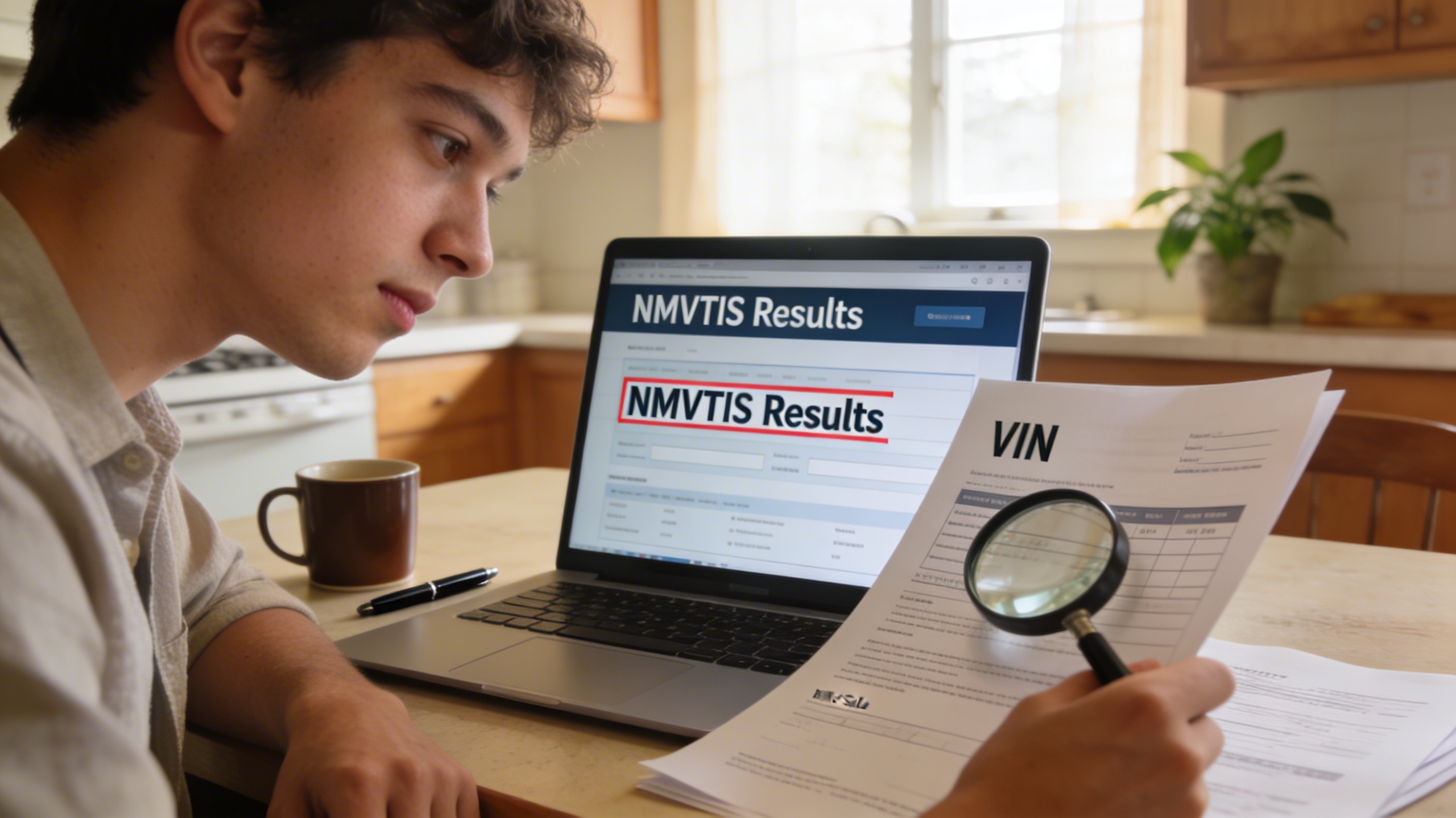 First-time buyer reviewing NMVTIS and vehicle history report at home to avoid fraud and hidden fees
