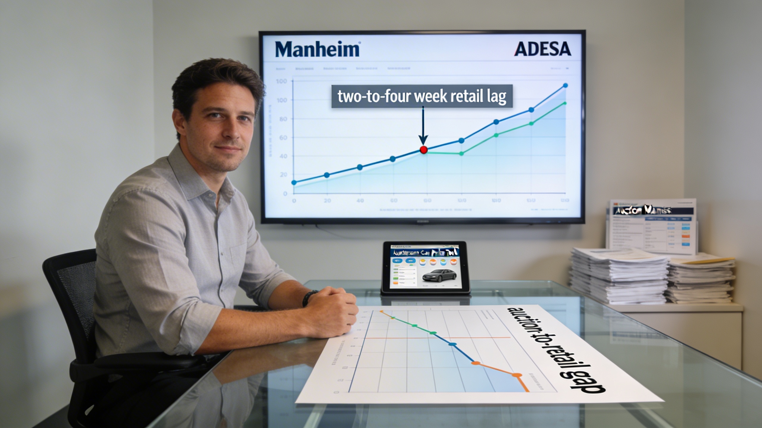 Pricing analyst examining auction-to-retail gap charts and market indexes, demonstrating upfront car pricing and auction price vs retail car price insights