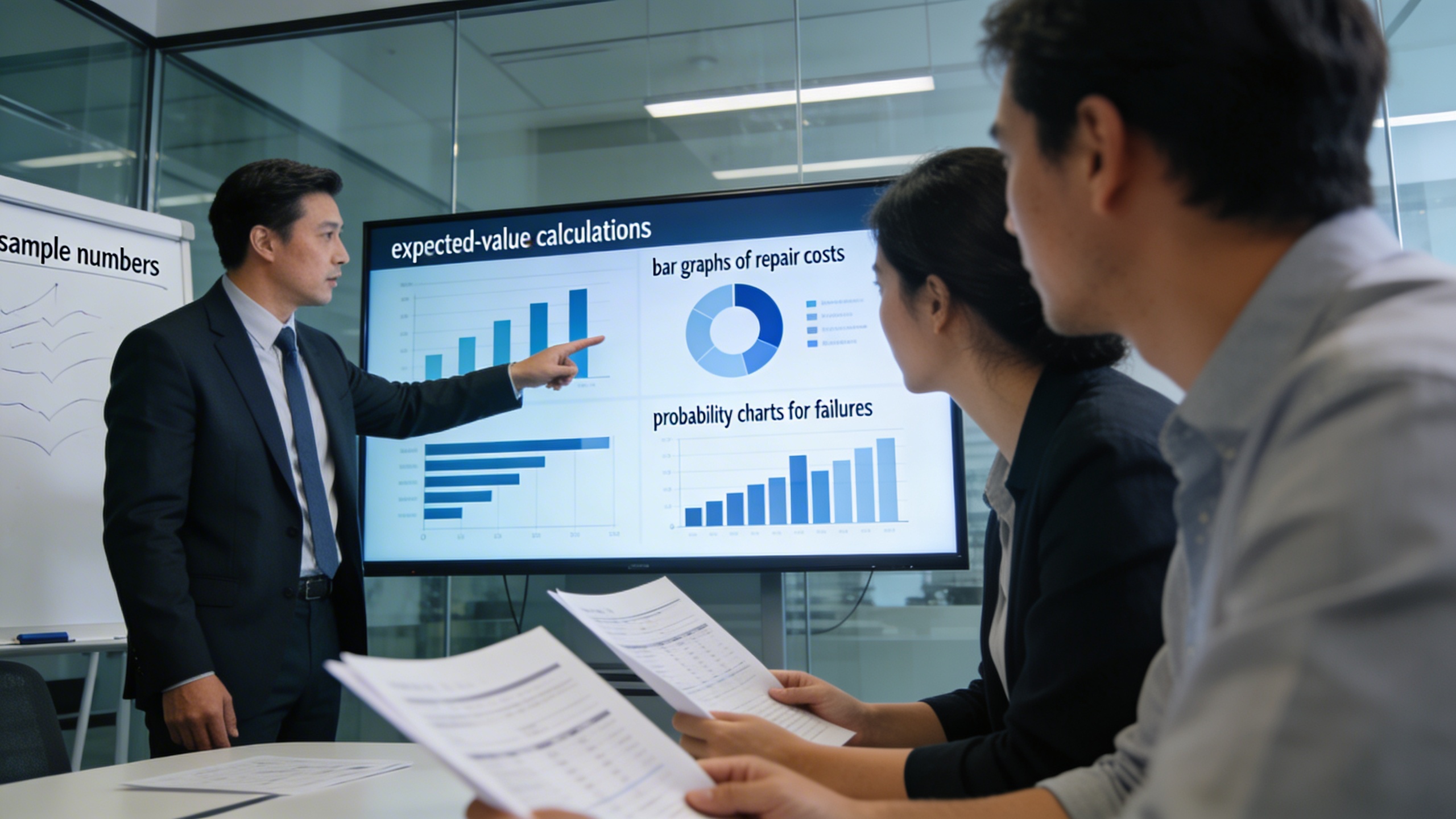 Financial advisor presenting expected-value calculations and repair cost graphs to clients, an analytical take on whether extended warranties pay off