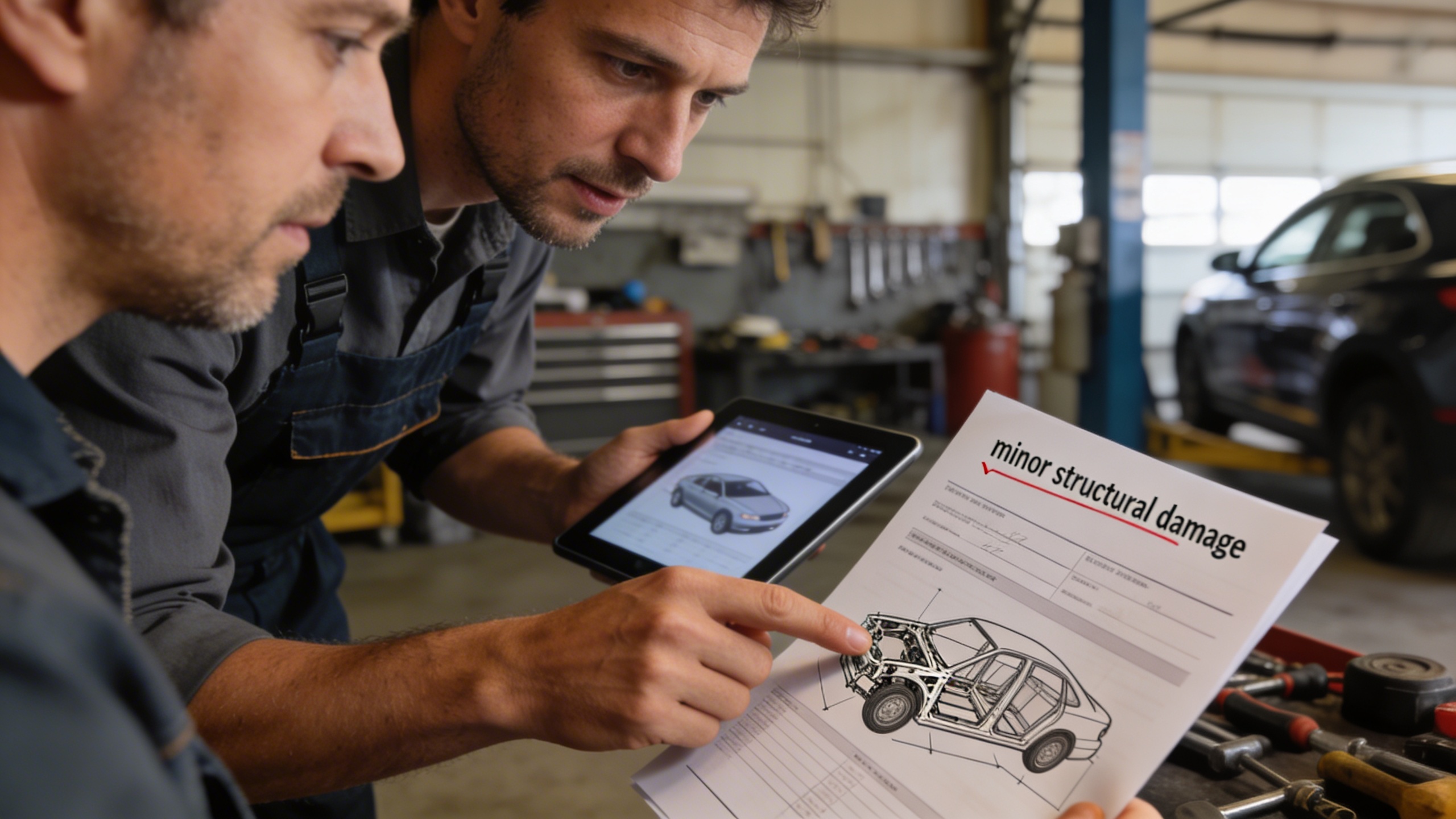 Mechanic explaining 'minor structural damage' notes on a vehicle history report to a buyer, illustrating how dealers buy cars and evaluate accident severity
