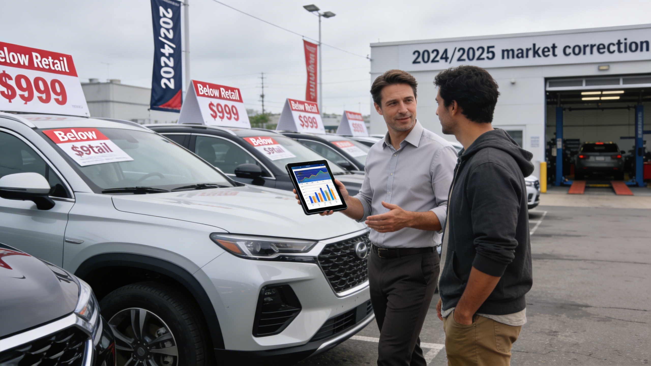 Used car lot manager showing tablet with market-value charts to buyer next to cars priced below retail, an example of buy used car below market value opportunity