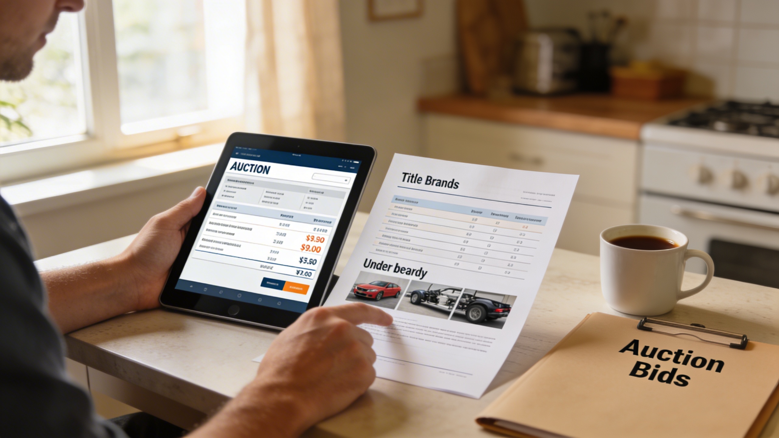 Buyer comparing transparent car pricing and auction listings on a tablet to identify best deals on used cars online and wholesale priced used cars