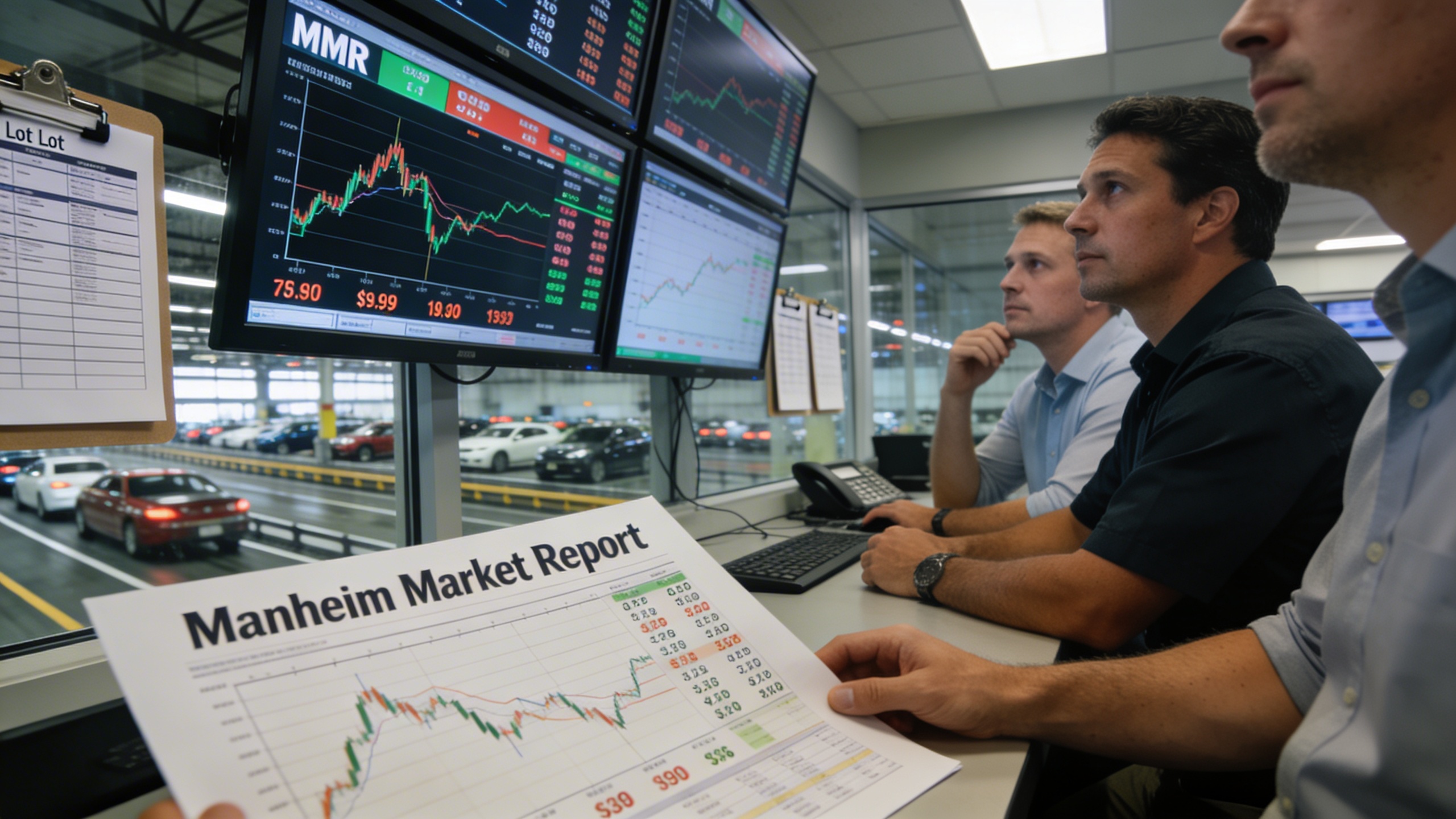 Dealers analyzing live MMR auction data on screens, illustrating MMR car pricing explained and wholesale car buying for consumers