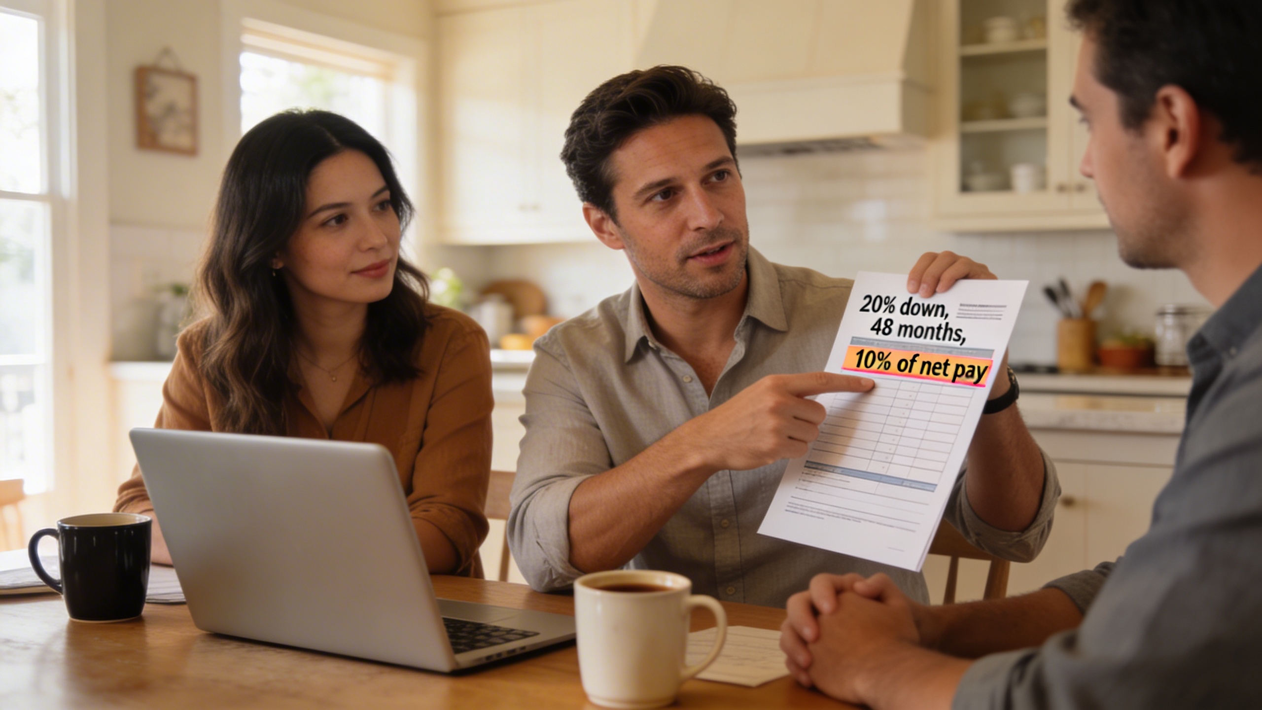 Financial coach guiding a couple through the 20/4/10 affordability worksheet, a visual on transparent car pricing and dealership-free car buying principles