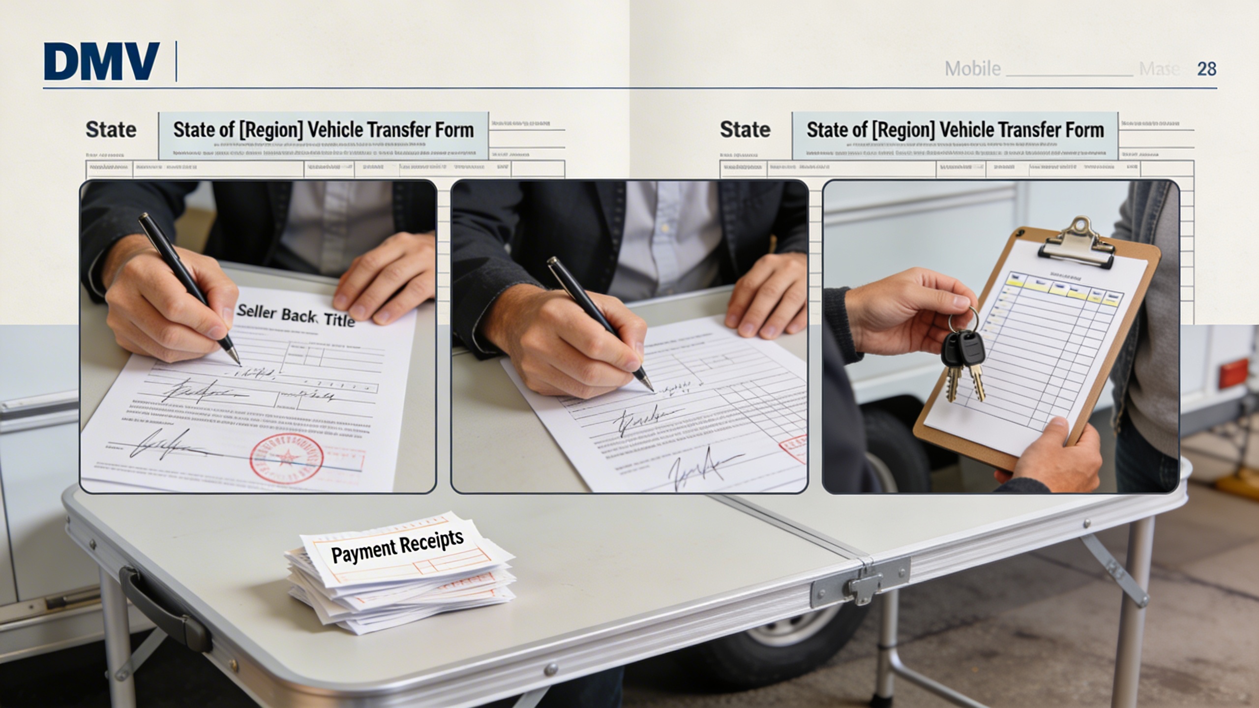Three-step visual sequence of signing and exchanging title paperwork and keys, a clear guide to transfer a car title and the paperwork process