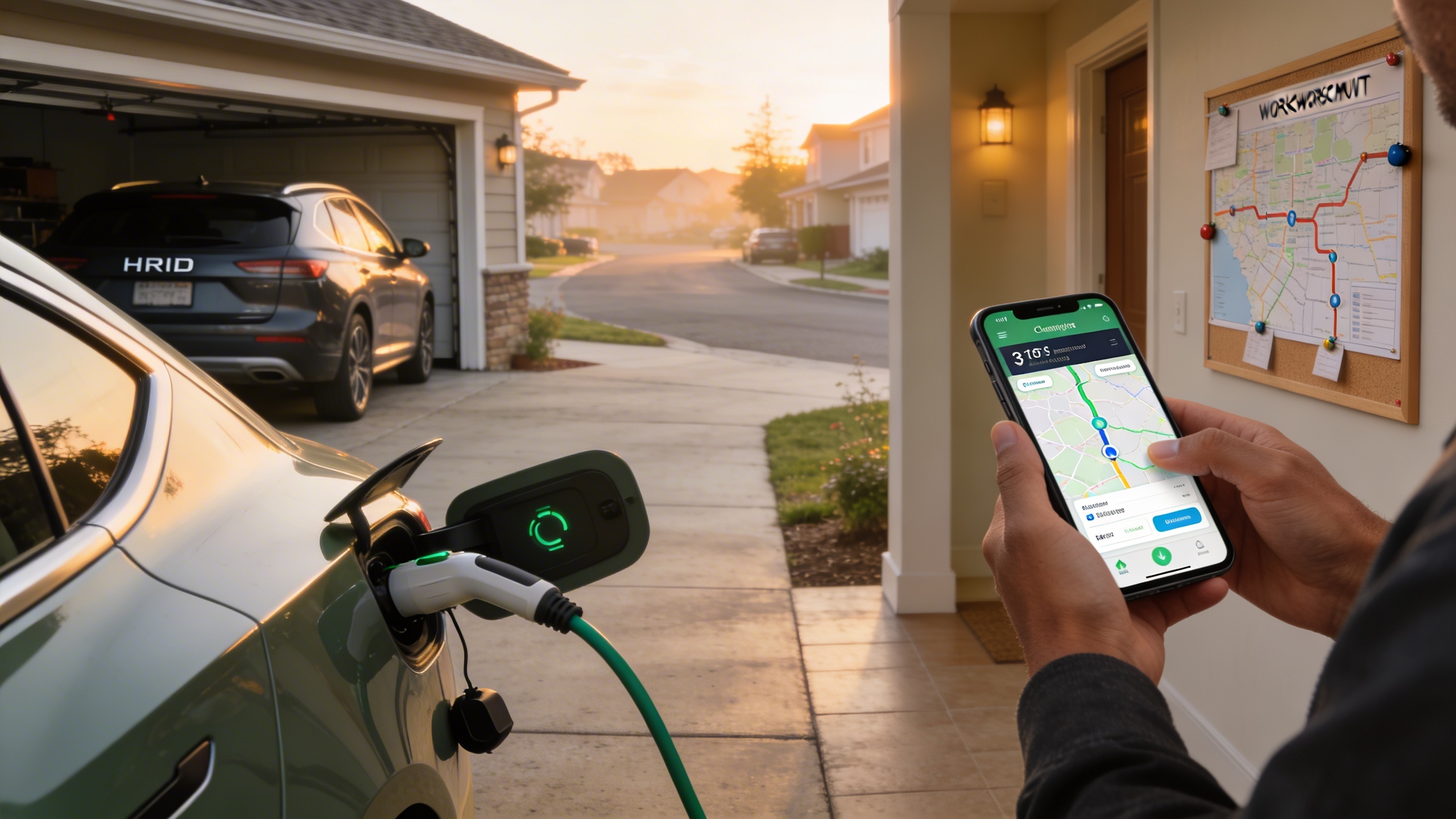 Home charging setup in a suburban driveway with a driver planning routes on a smartphone, showing how car delivery to home and regional fit affect EV ownership decisions