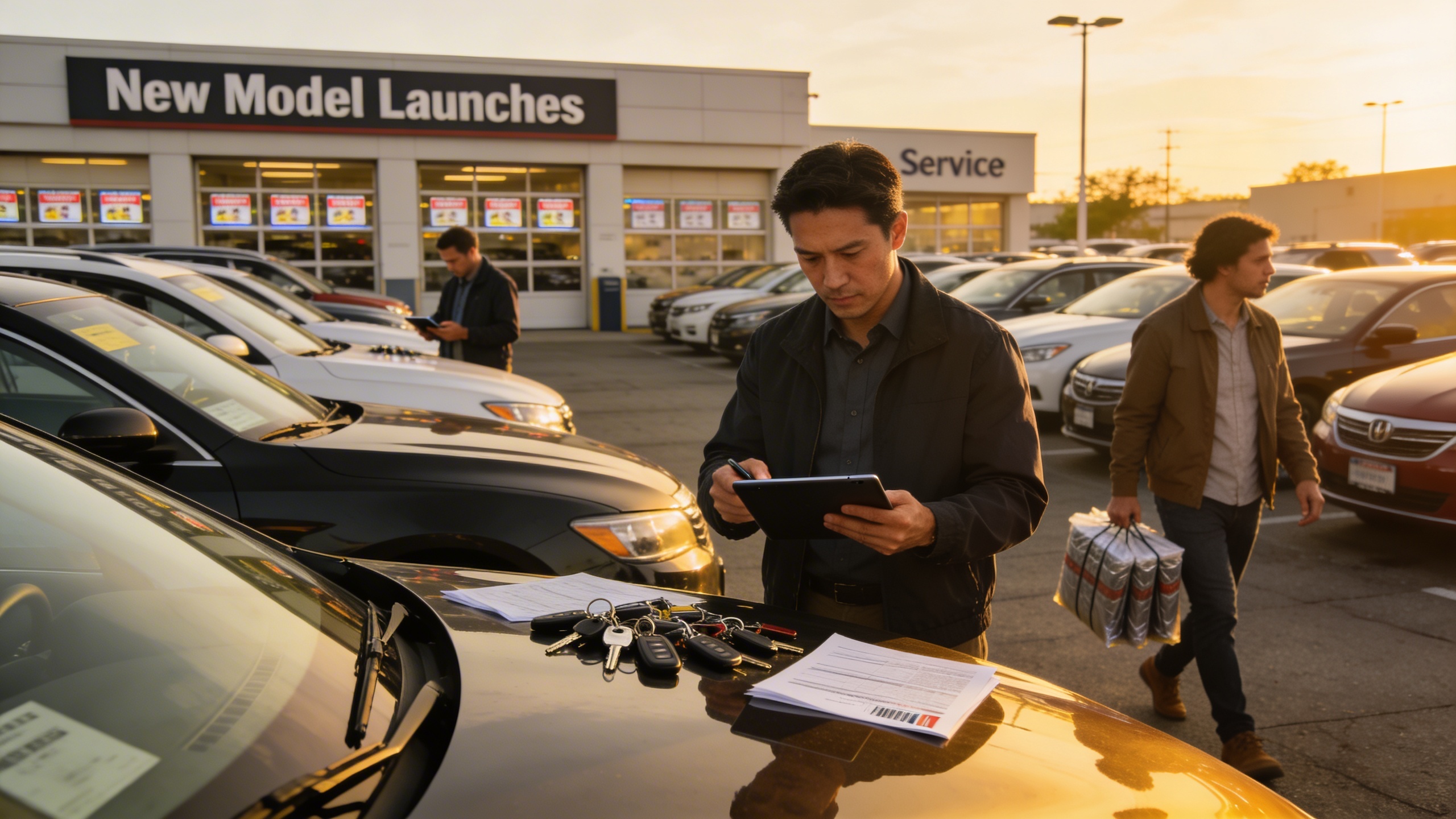 Late-summer dealership full of off lease cars below retail and staff processing trade-ins during model refresh season