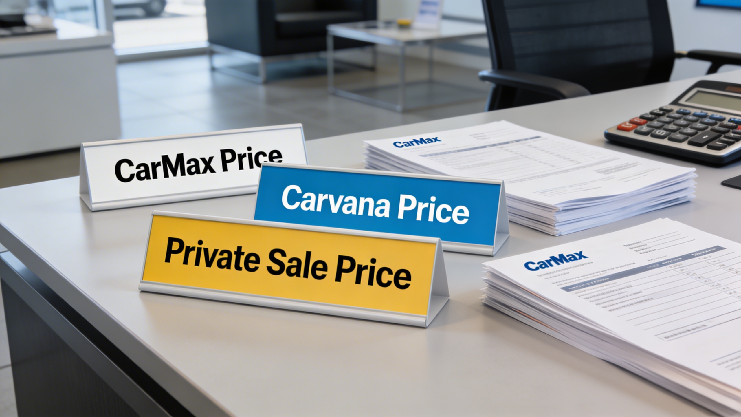 Table with price placards and service invoices comparing CarMax pricing explained and why Carvana is expensive, illustrating online car dealer markup