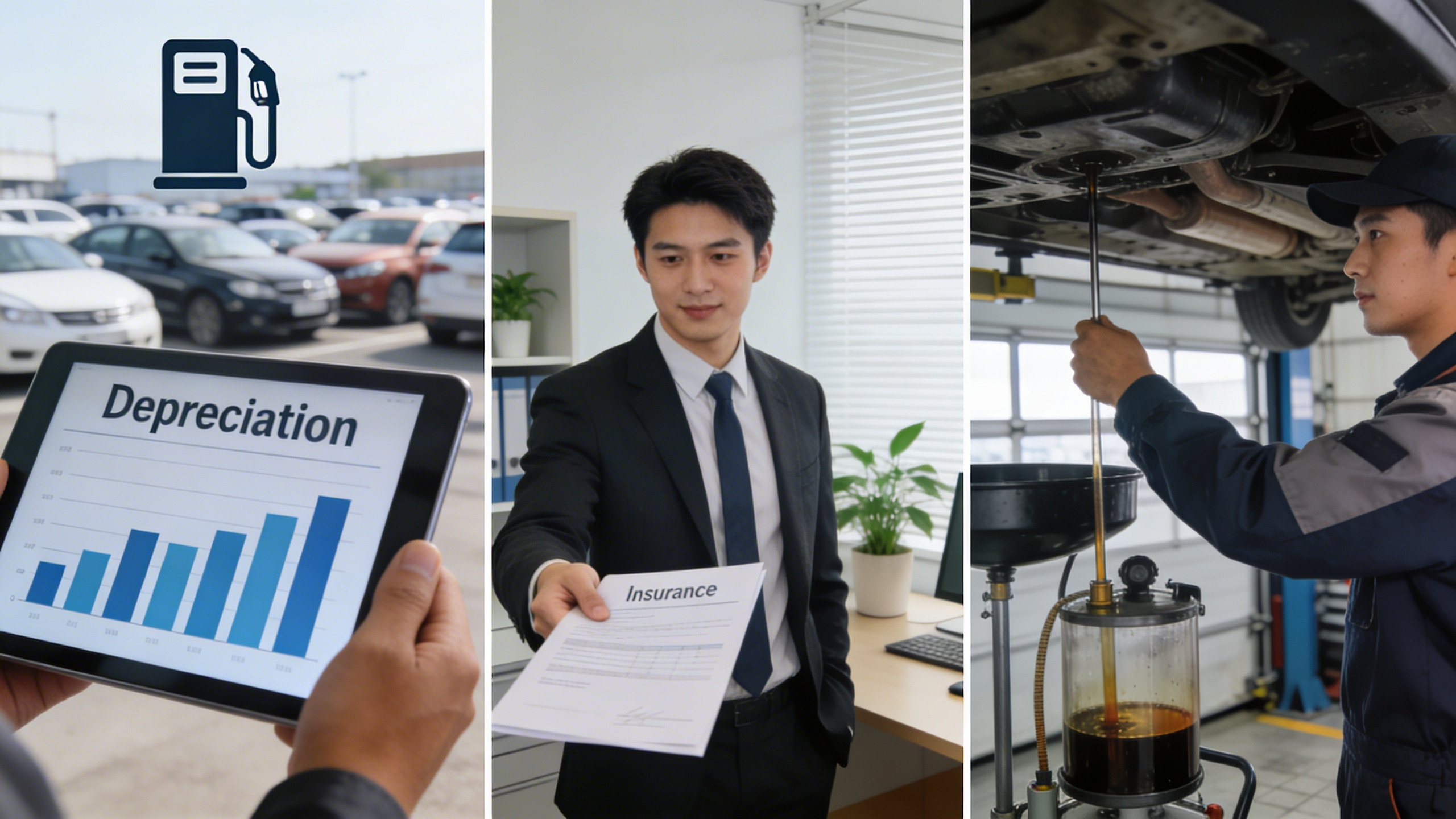 Montage of depreciation chart, insurance policy handoff, and mechanic maintenance scene illustrating depreciation and insurance costs