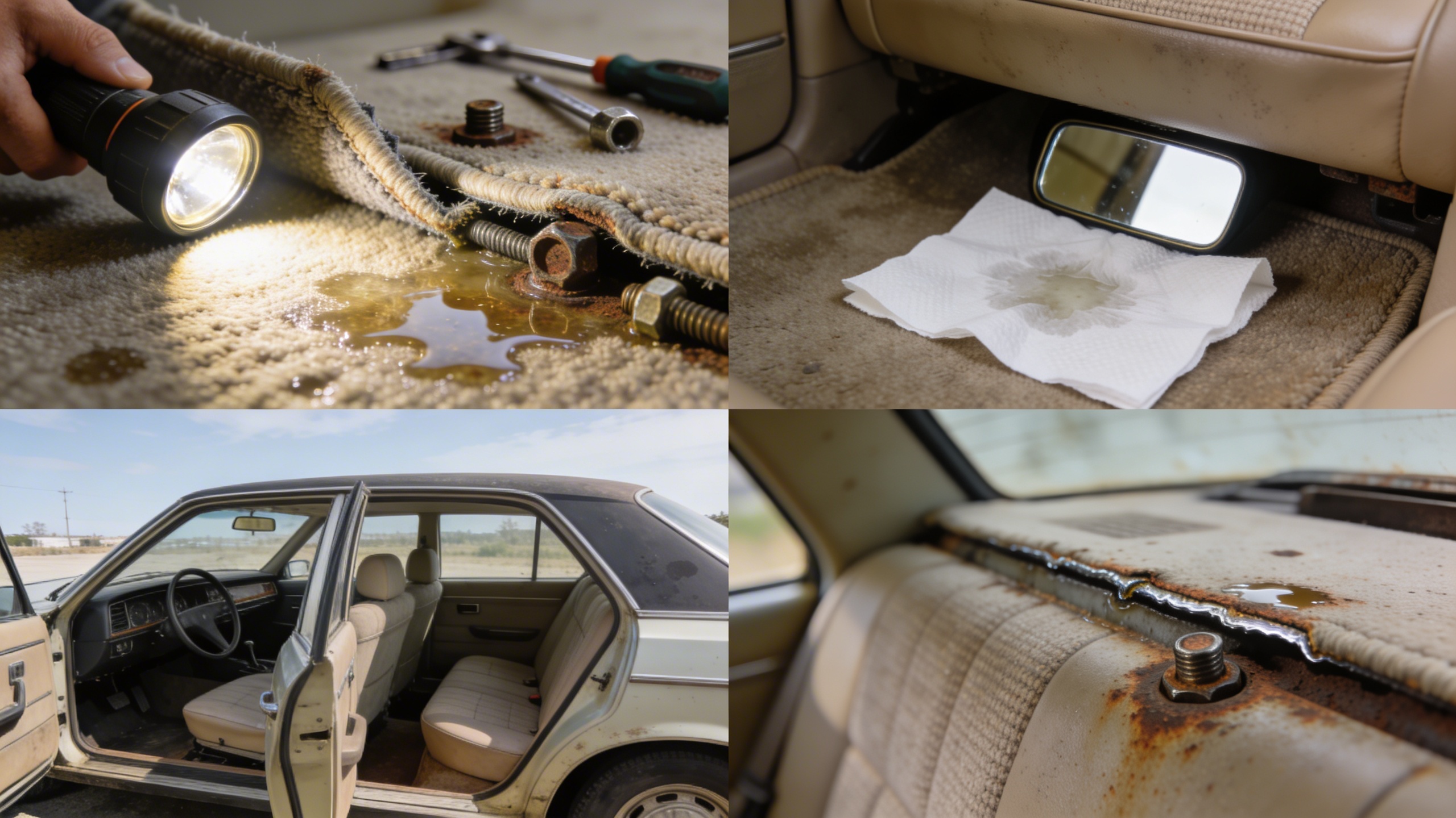 Detail shot of flashlight revealing damp carpet edge and rusted seat bolts inside a car, demonstrating how to inspect flood damage for Cars online listings