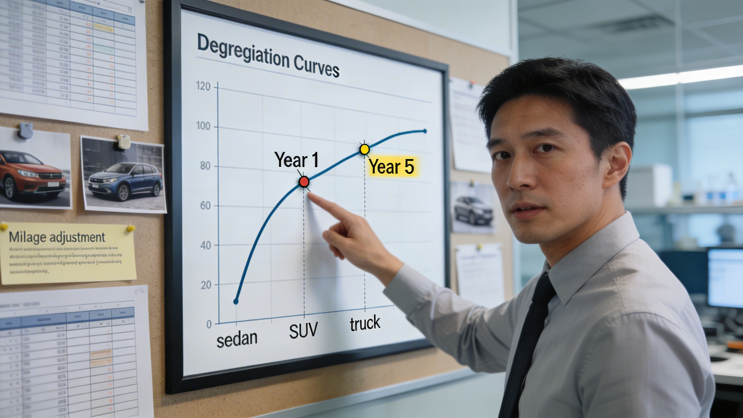 Analyst presenting vehicle depreciation curves and mileage adjustments to illustrate which cars hold value, useful for wholesale used cars for sale research