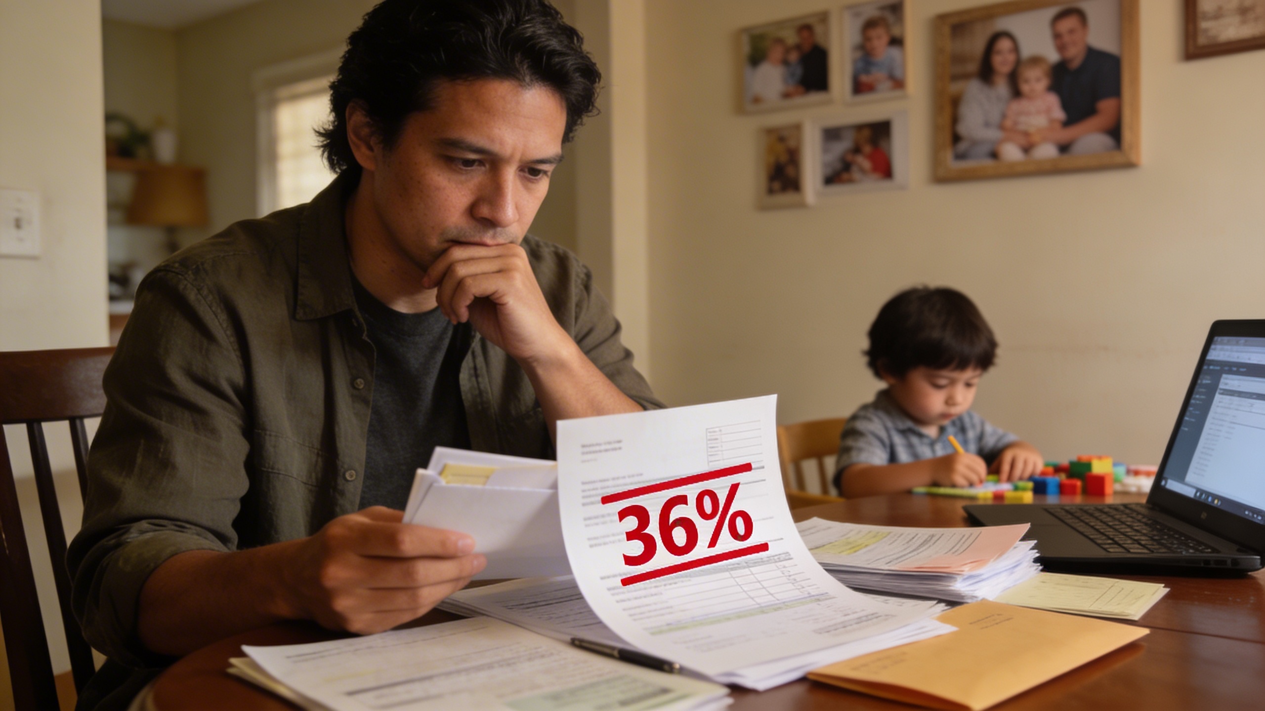 Parent reviewing bills with a budget highlighting a 36% debt-to-income guideline, visualizing how larger financial math affects car decisions