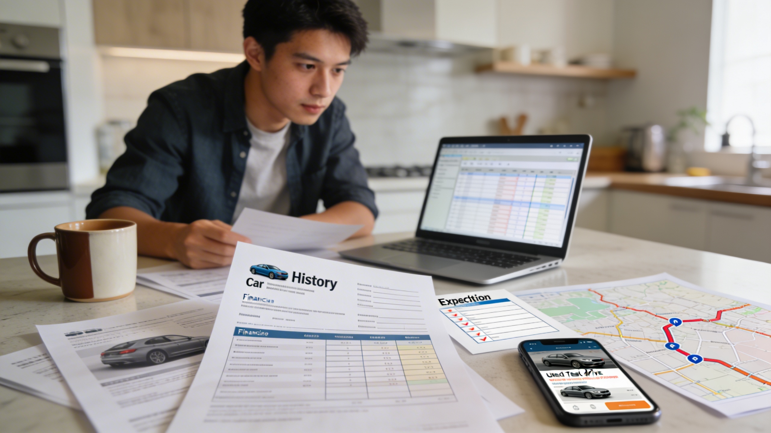 Young buyer reviewing car history reports and financing spreadsheet at home before picking up keys, illustrating how to avoid dealer fees and skip the dealership car buying