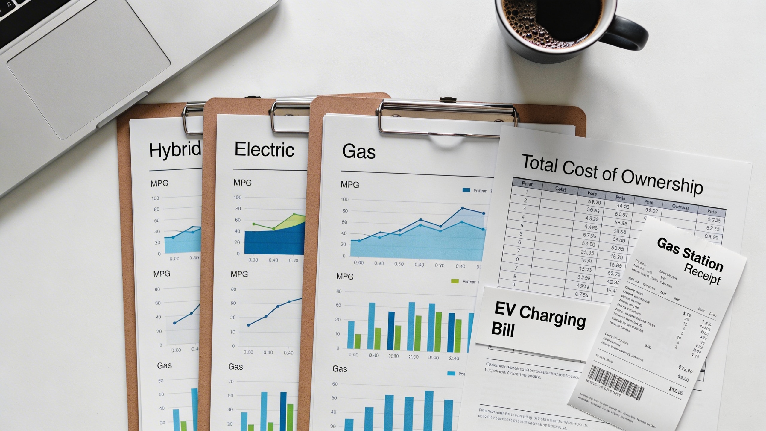 Flatlay of cost documents and MPG charts comparing hybrid, electric, and gas ownership costs, useful for readers asking why are online car prices so high