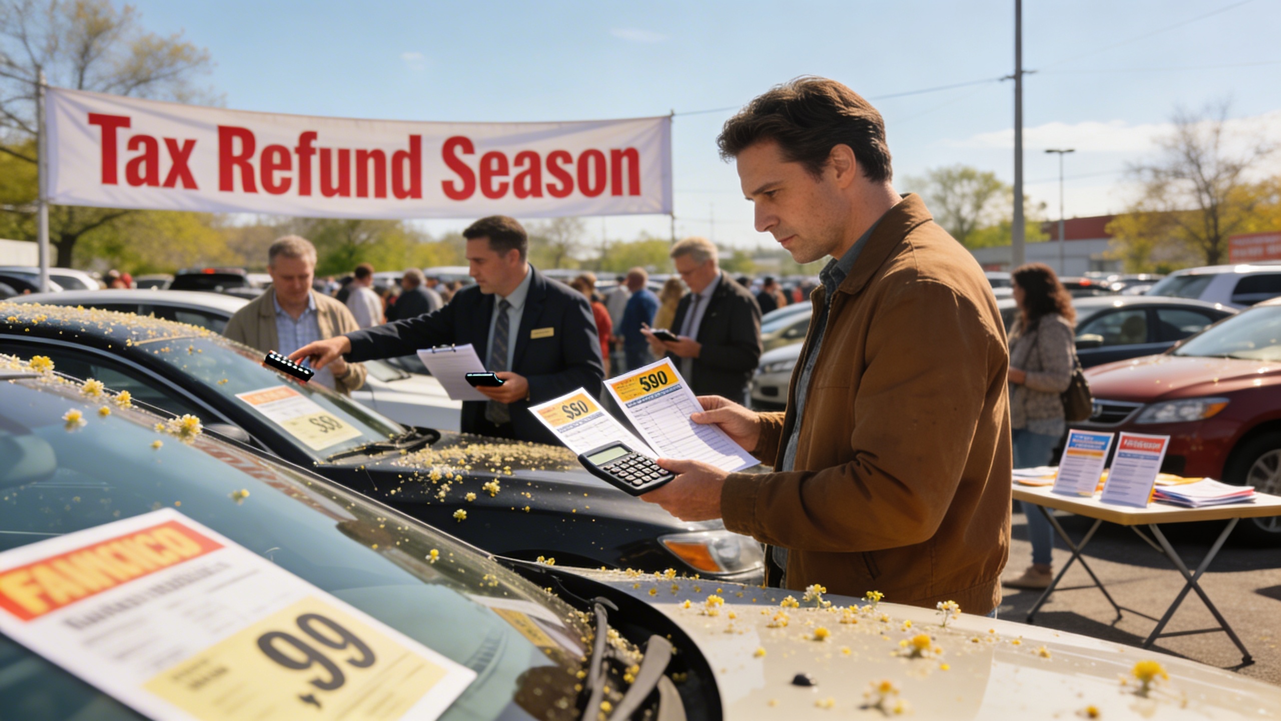 Busy spring used-car lot with shoppers comparing price tags and a 'Tax Refund Season' banner, showing how summer pricing climbs and how to survive it