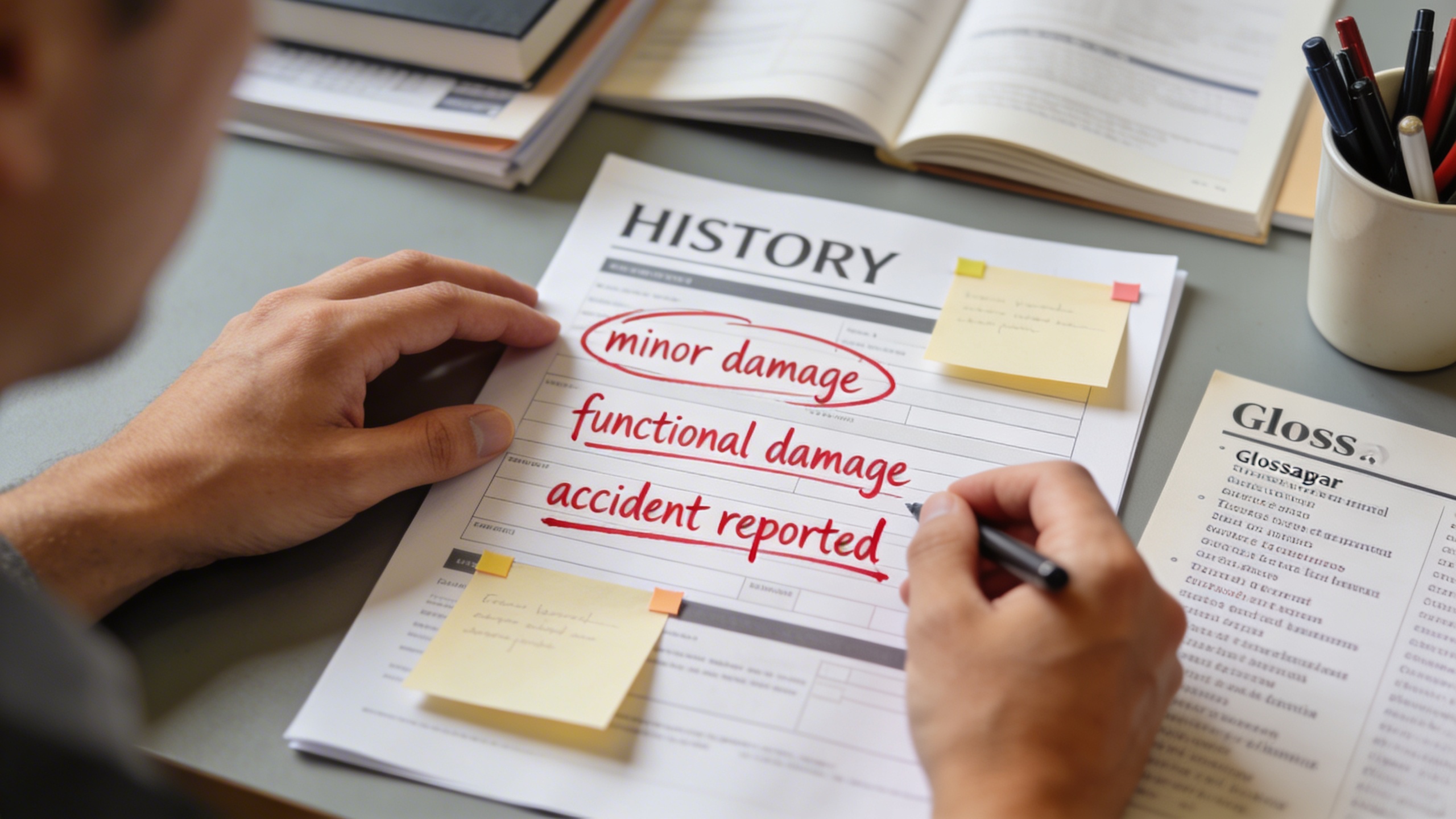 Expert circling phrases like 'minor damage' and 'accident reported' on a Carfax-style report to highlight red flags in vehicle histories