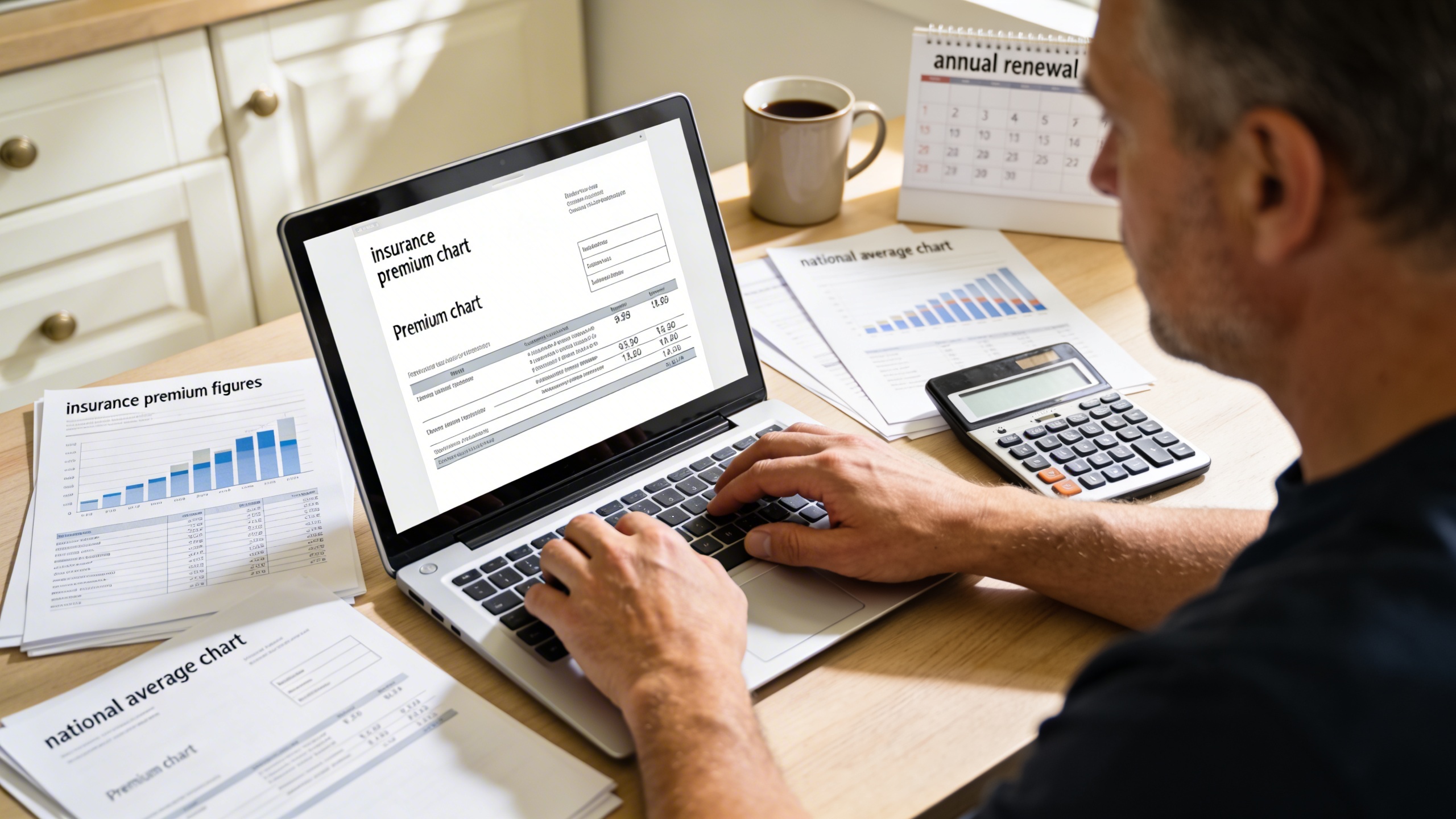 Person reviewing auto insurance premium charts and documents at a kitchen table, illustrating insurance as a recurring expense