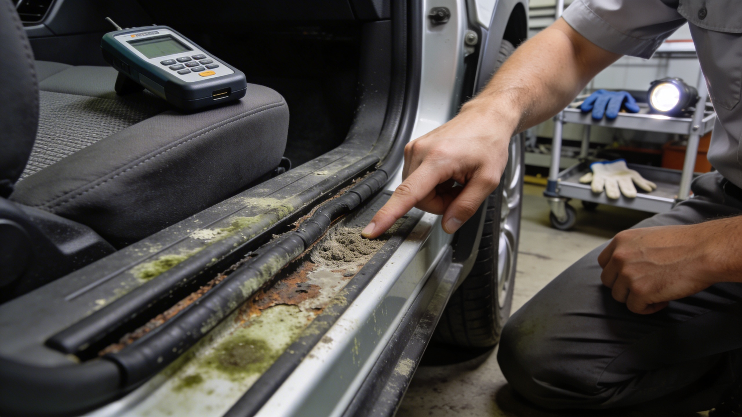 Inspector examining silt and corrosion in a door jamb to spot flood damage and salvage clues, helpful for buyers looking to buy auction cars without license