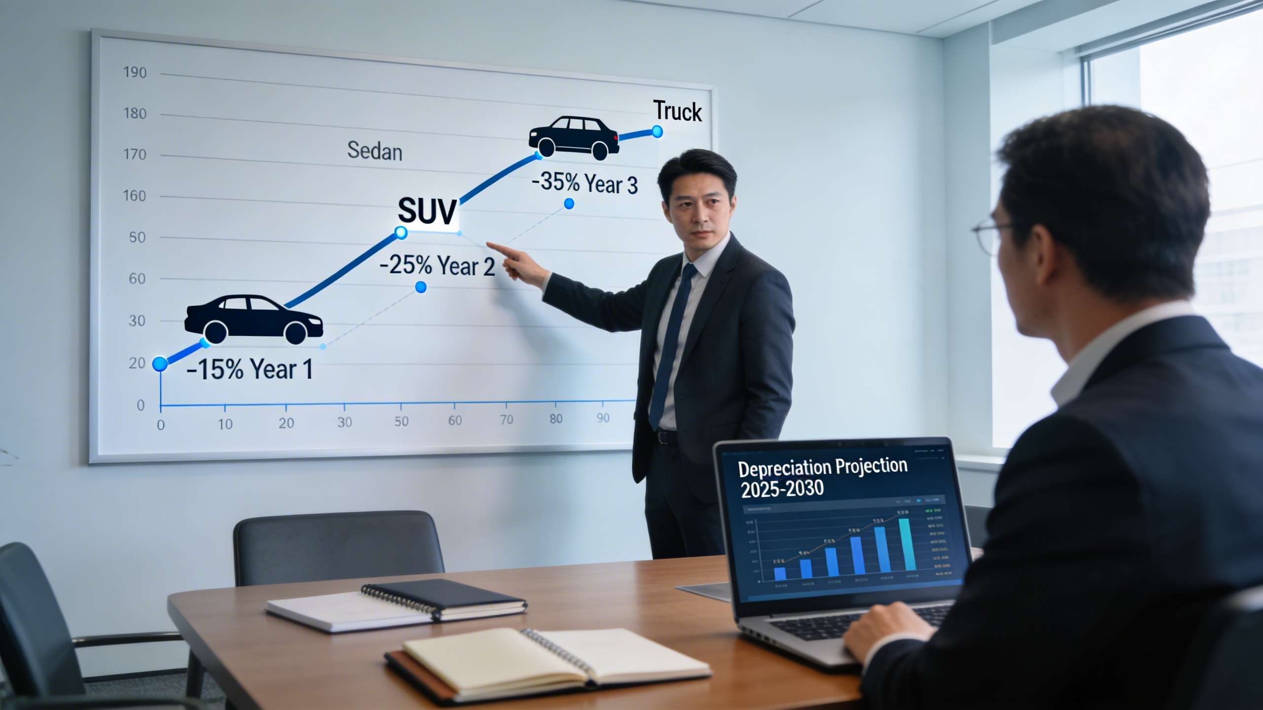 Automotive analyst presenting a depreciation curve infographic in an office, illustrating why vehicles lose value fast and helping consumers buy used car below market value