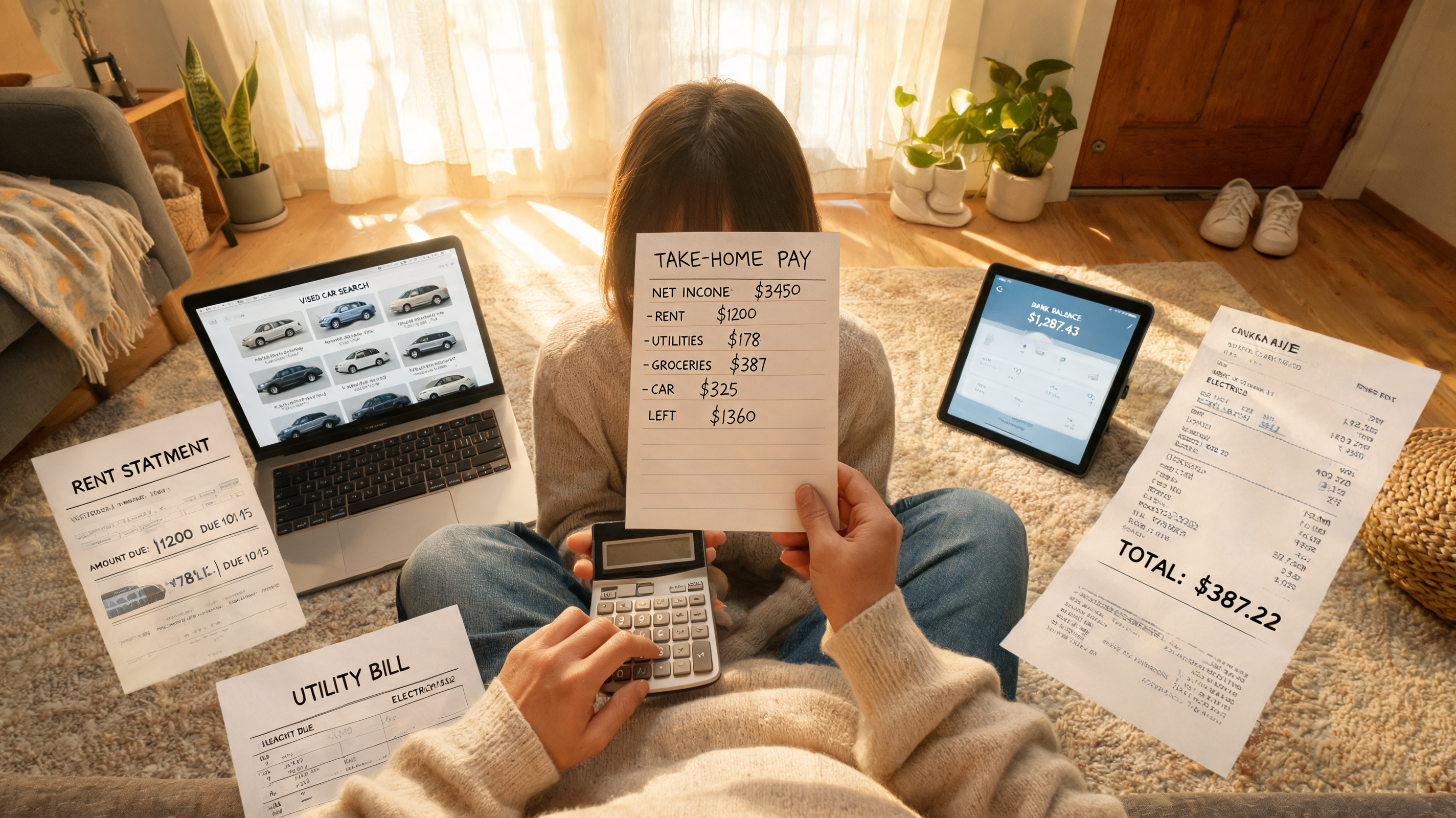 Buyer starts with take-home income and household expenses before dealership-free car buying in the USA