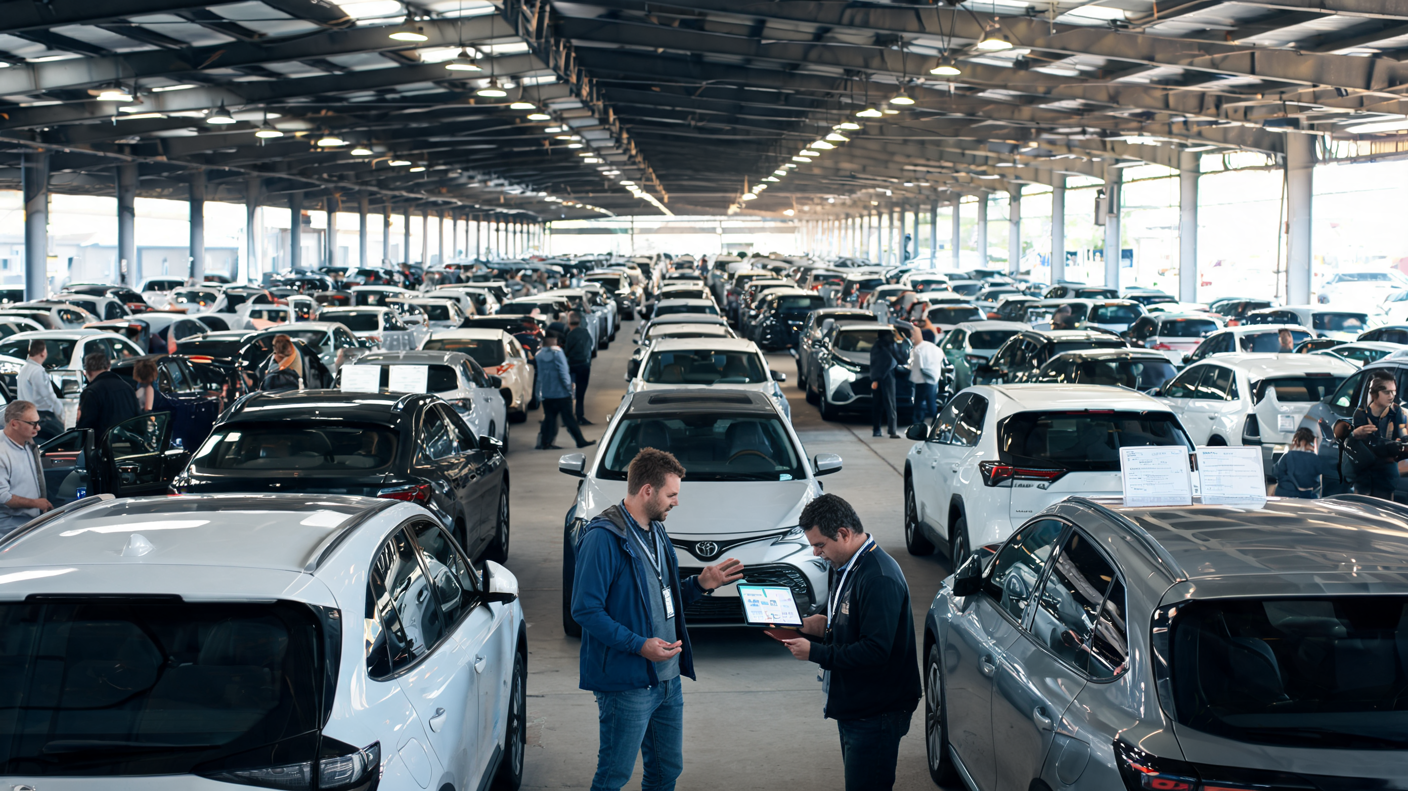 Buyer comparing used EV, hybrid, and gas vehicles at an auction lane with an advisor, showing car auction access for buyers and wholesale car auctions for consumers.
