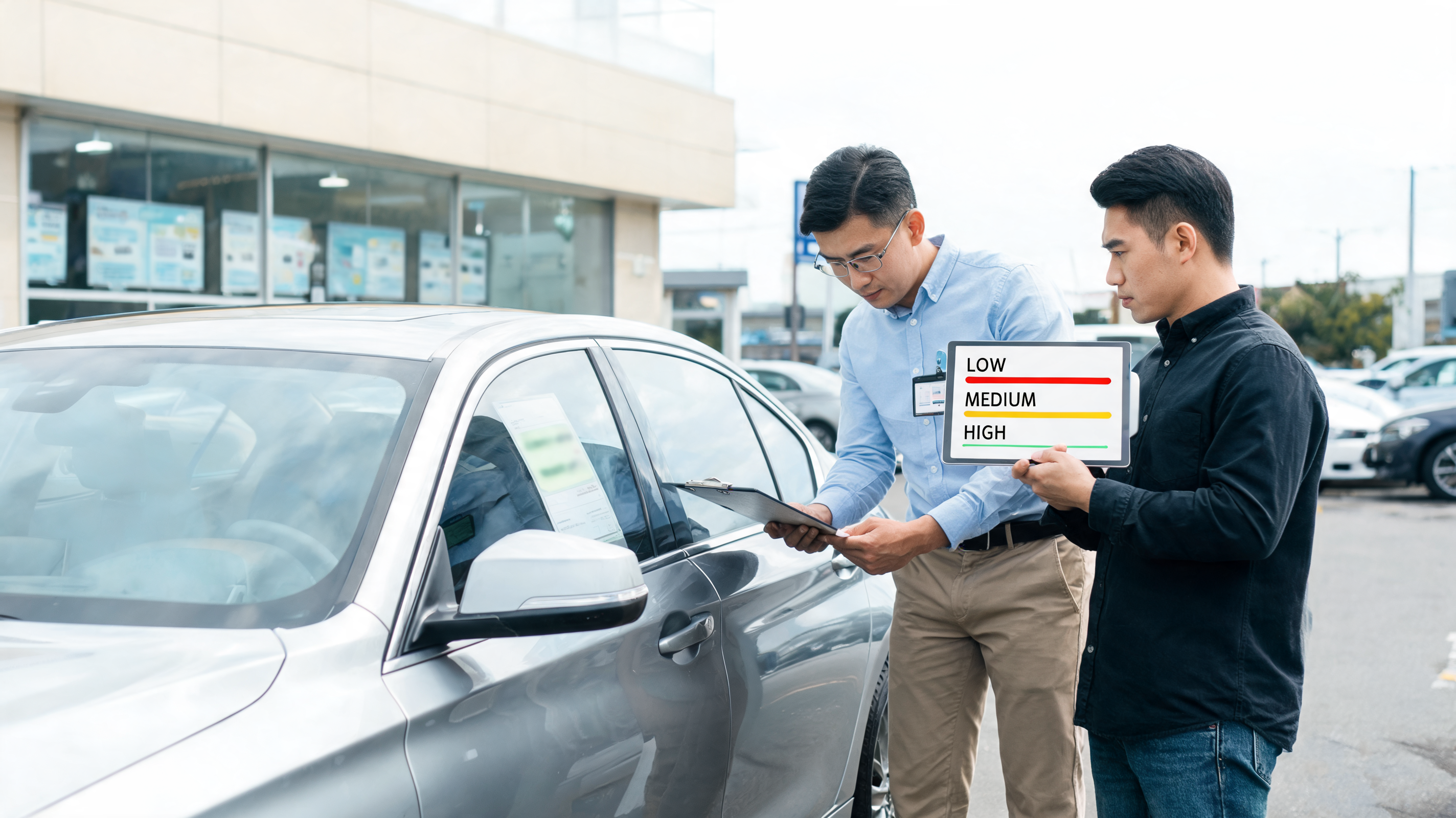 Buyer and appraiser inspecting a used car while comparing car market value vs asking price before considering extended warranty coverage.