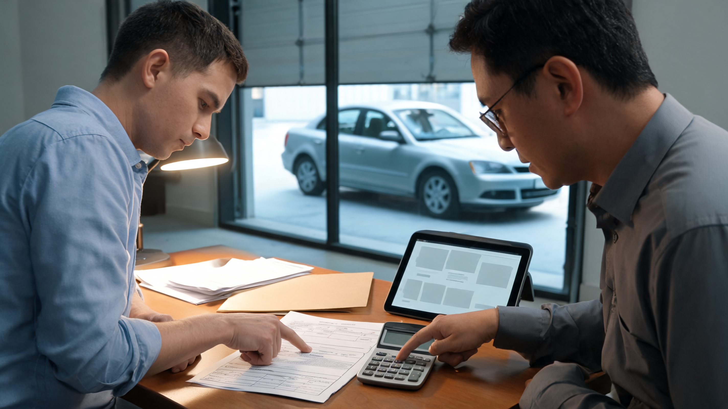Buyer and auto appraiser comparing a vehicle history report with fair market value used car research and car pricing data explained.