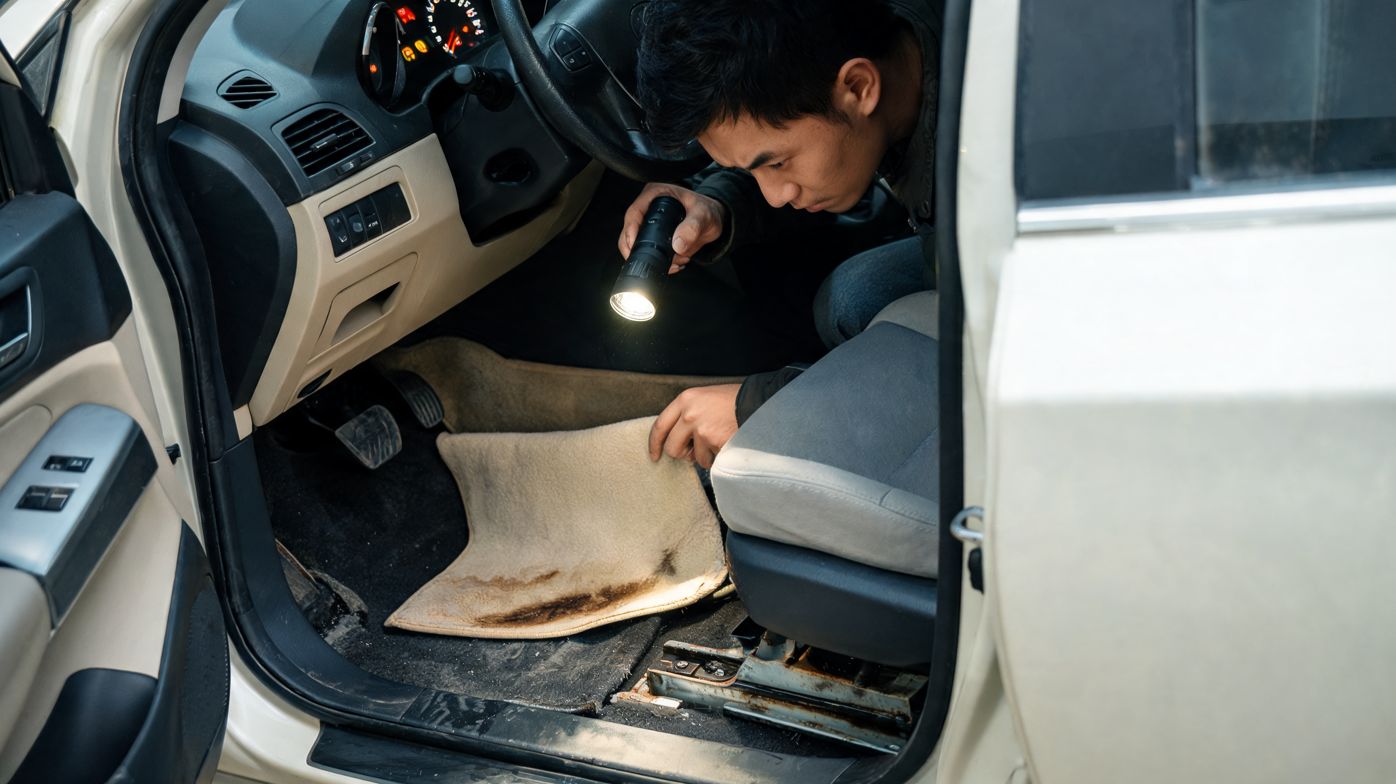 Buyer checking a used car interior for musty odors, carpet stains, rust, and electronics during an inspection for transparent car pricing.