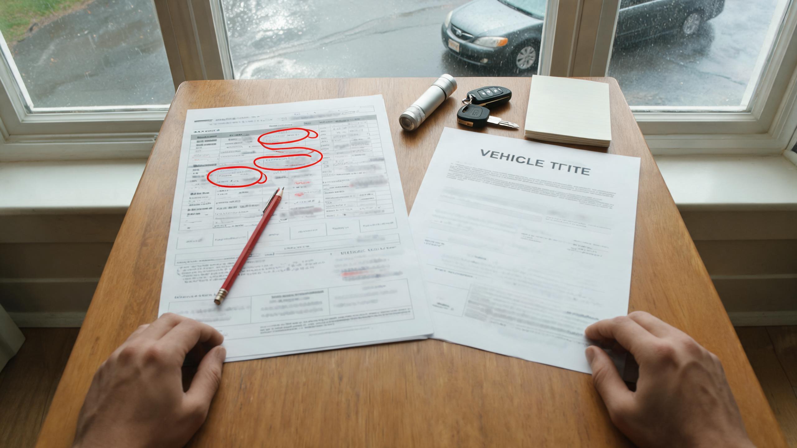 Buyer reviewing title-brand red flags on a vehicle history report before considering used cars without dealer add ons.