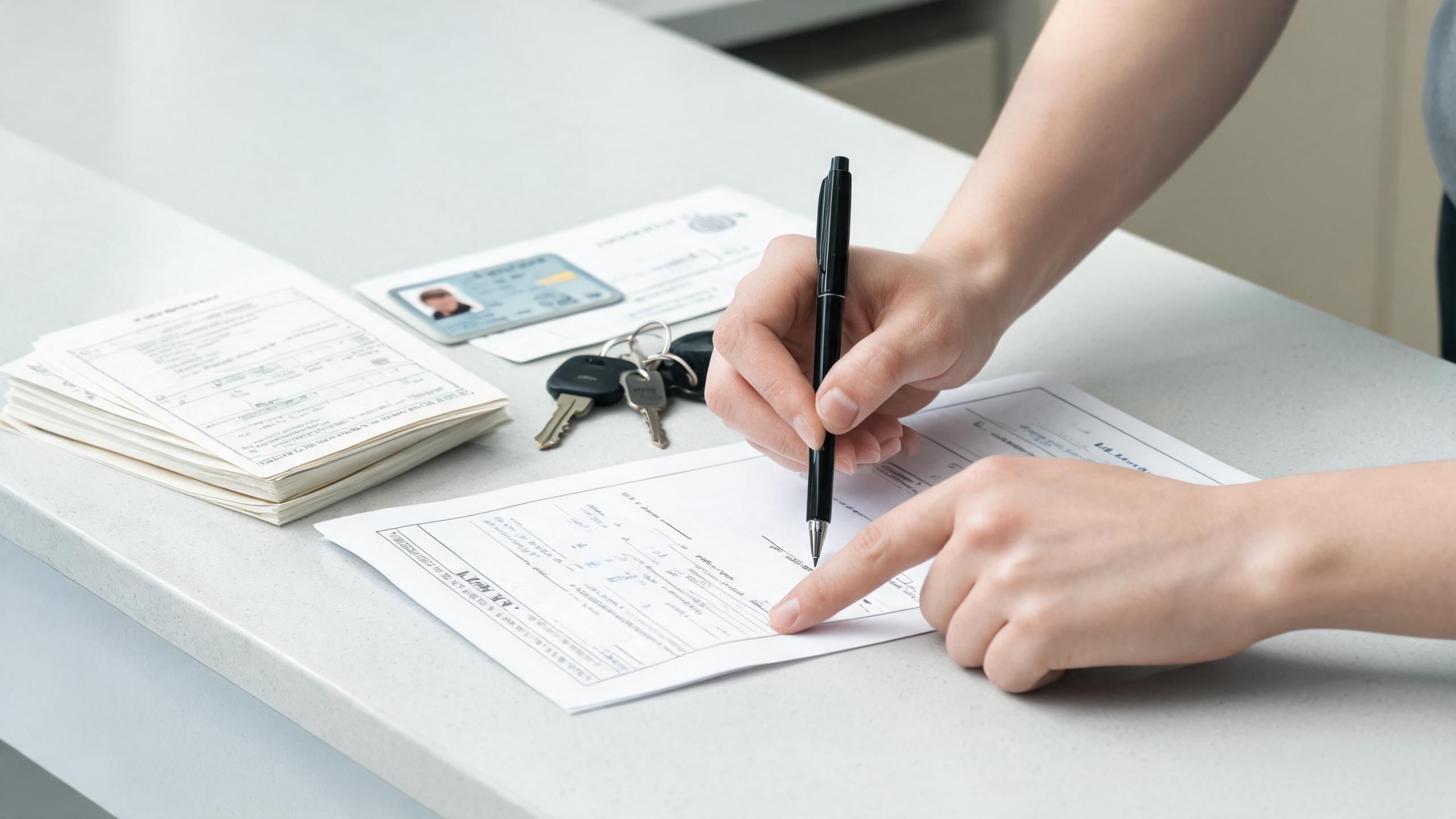 Hands complete car title transfer paperwork with keys and forms for a careful skip the dealership car buying process.