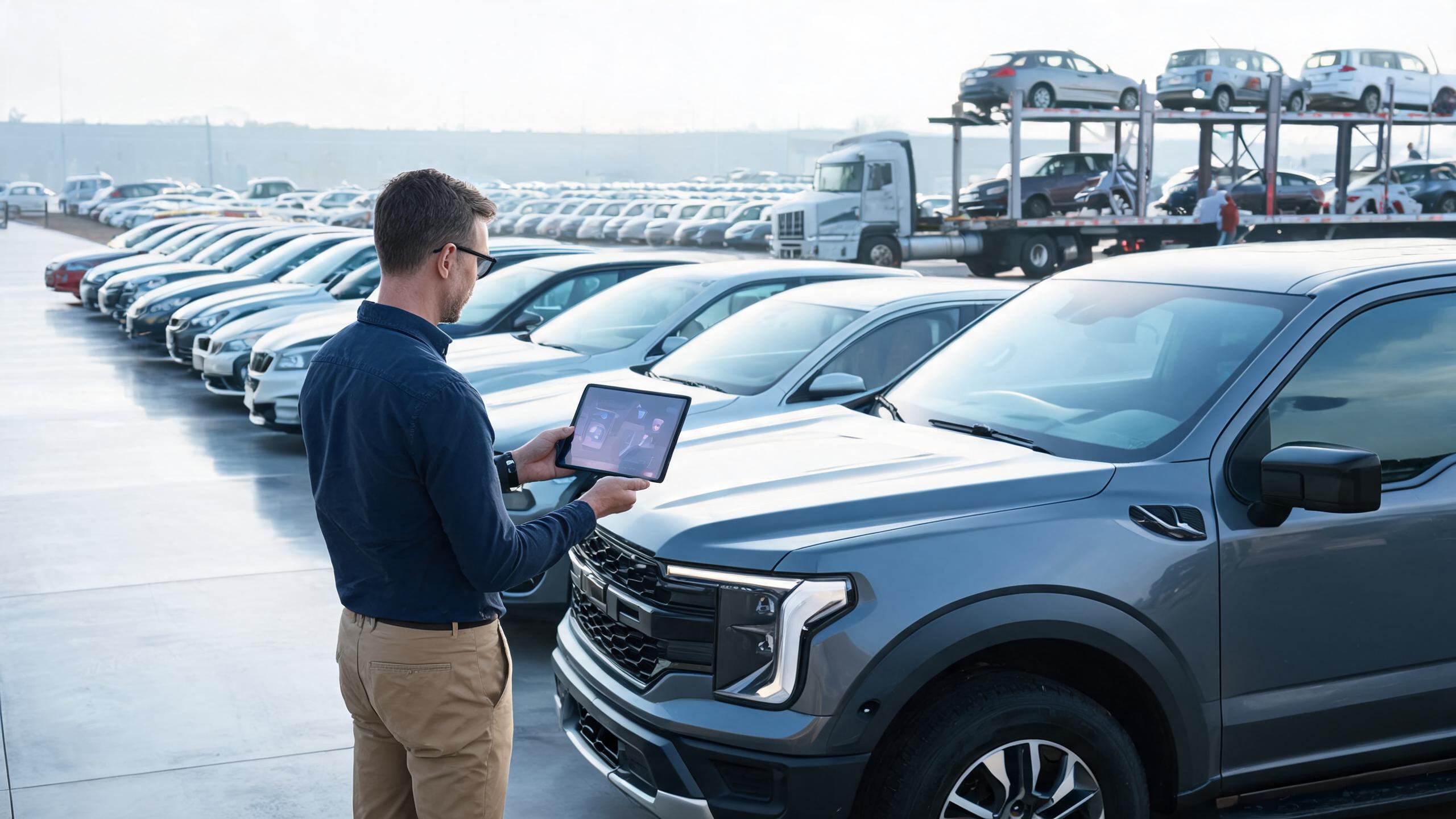 Dealer acquisition specialist evaluating a used pickup, illustrating wholesale car buying for consumers and wholesale used cars for sale.