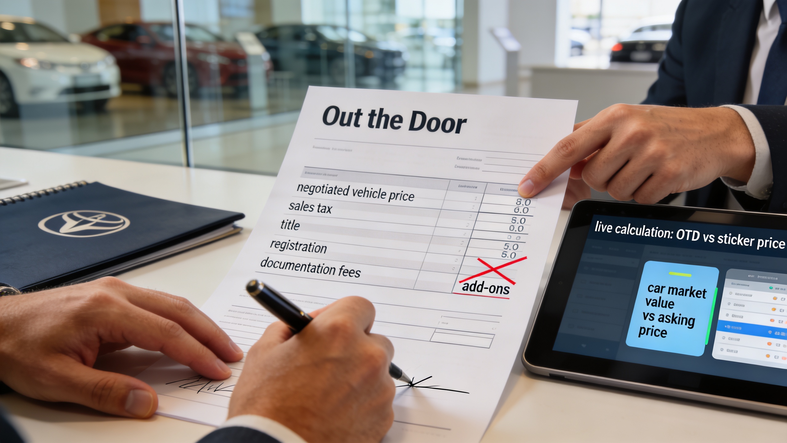 Buyer reviewing an out the door price car invoice with line items and a tablet comparing car market value vs asking price to negotiate smarter
