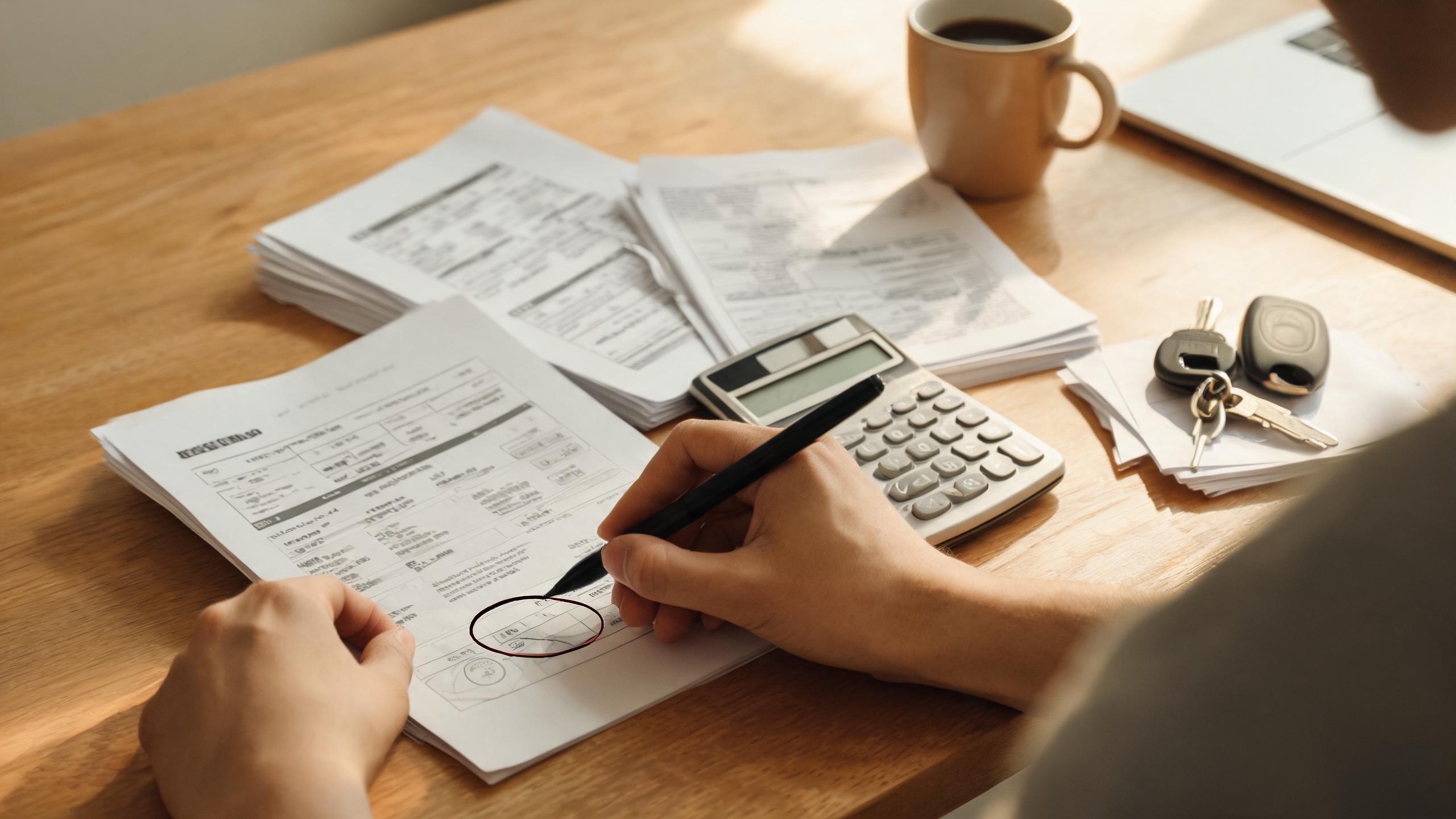 Hands reviewing taxes, fees, insurance, and registration documents to understand transparent car pricing without dealer fees