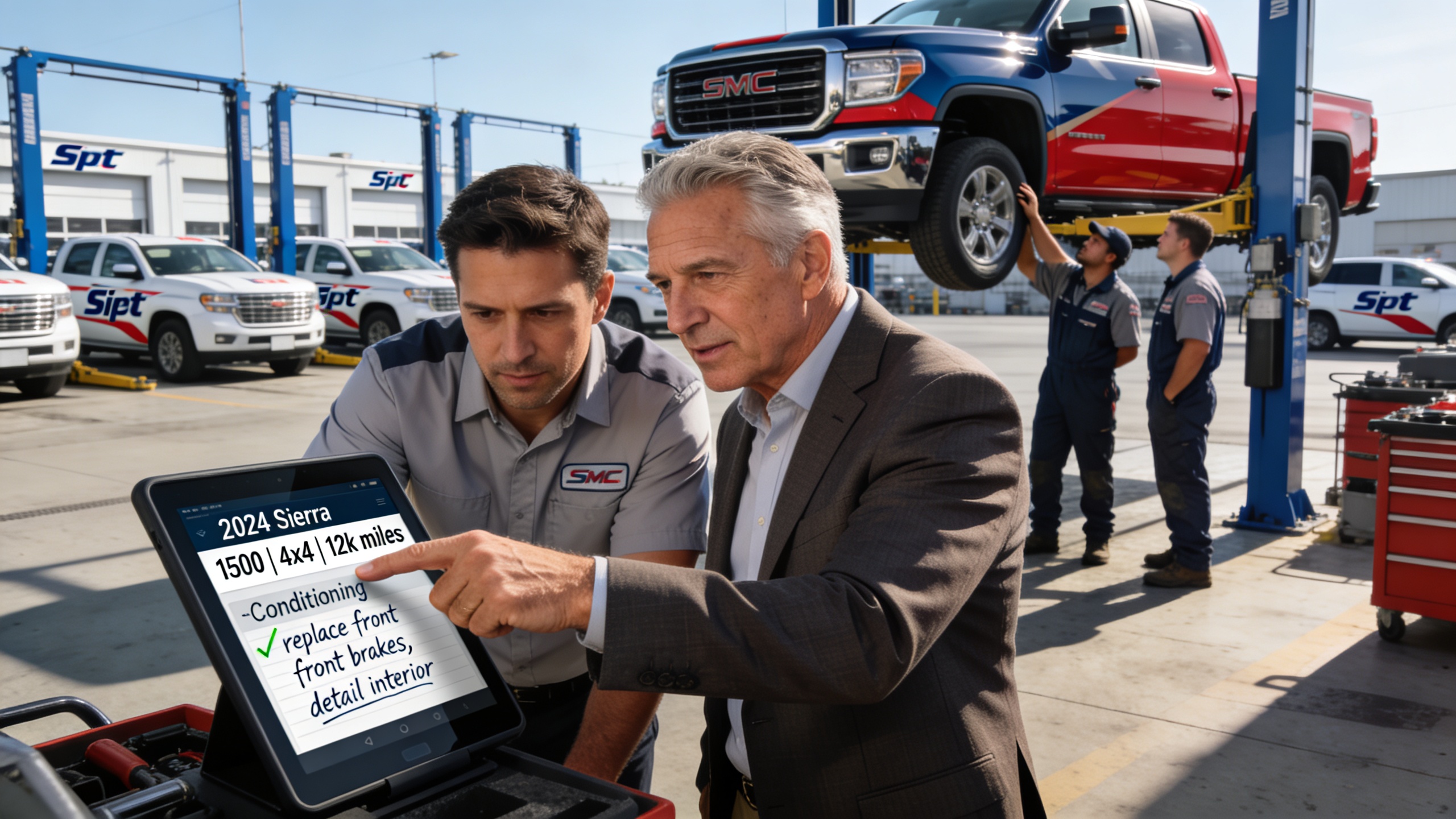 Dealership manager and service advisor reviewing appraisals for late-model trucks, showing wholesale car buying for consumers and real dealership inventory decisions