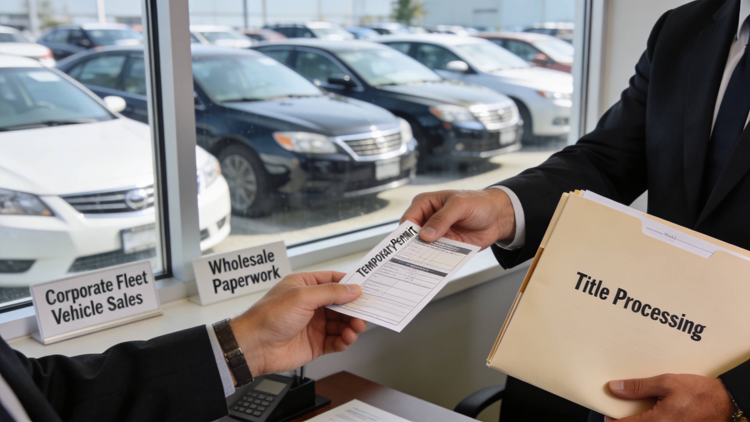 Dealership administrator handing a temporary permit and title processing folder to a buyer, representing corporate fleet vehicle sales and off lease cars below retail
