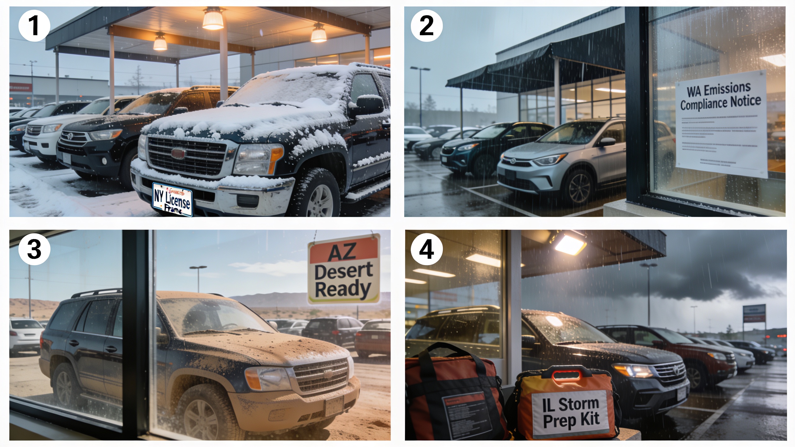Four-region montage of dealership lots showing Northeast snow, Pacific Northwest rain, Southwest sun, and Midwest storm preparedness to illustrate regional pricing realities and original owner used cars wholesale differences