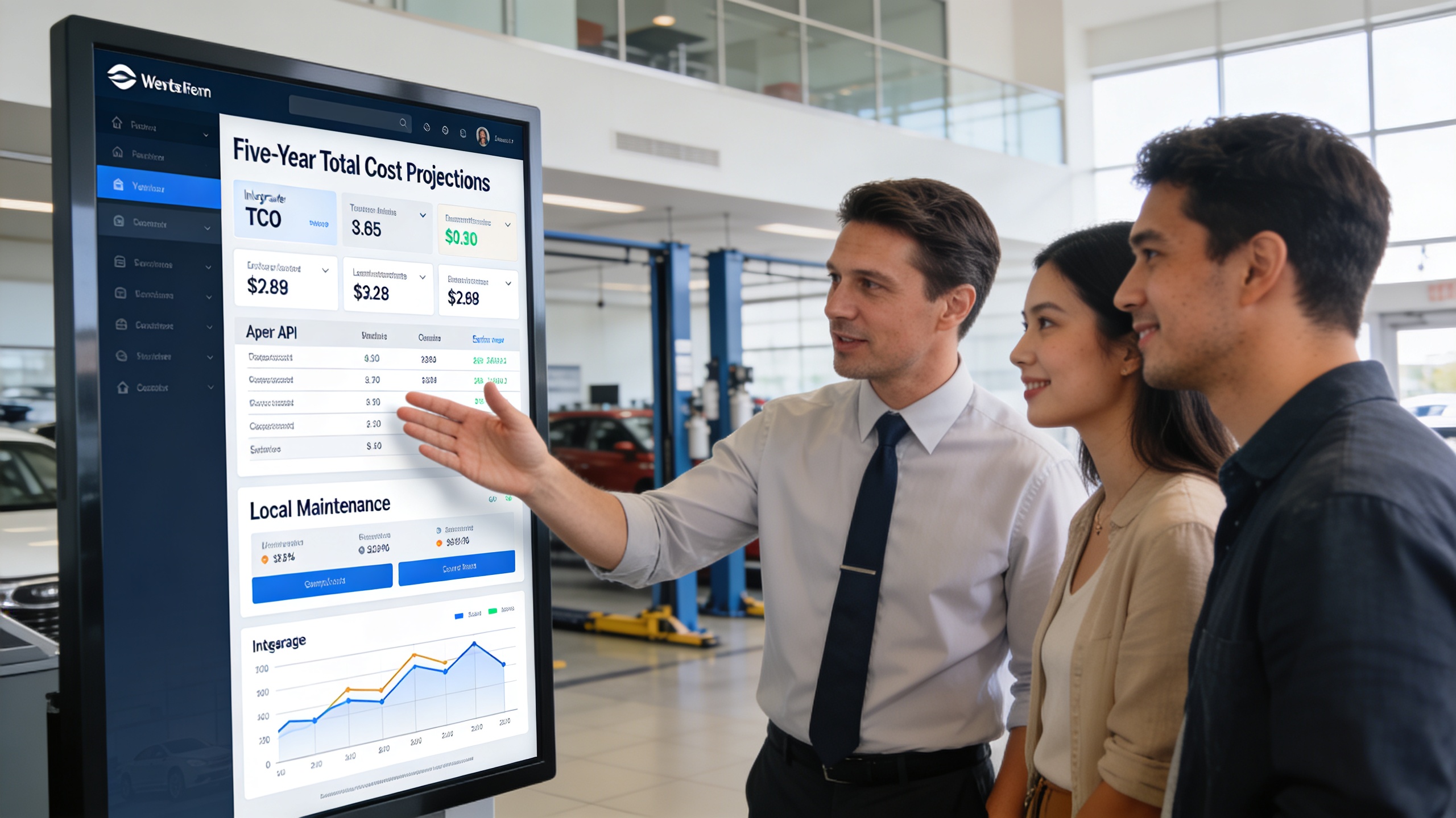 Dealership staff showing a couple a five-year total cost dashboard that combines insurer and maintenance data illustrating transparent online car purchase delivered options