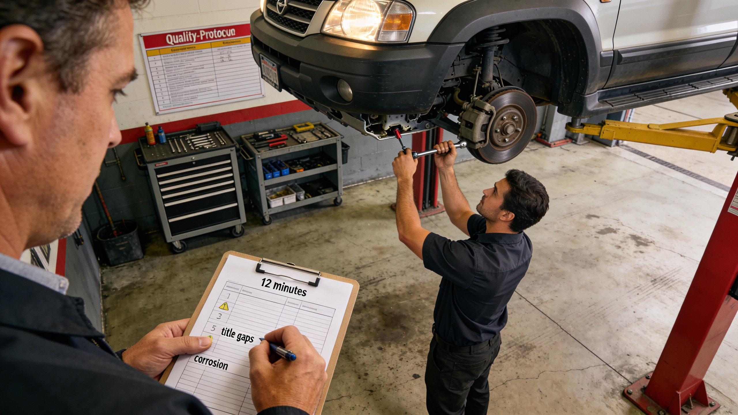 Technician performing quick undercarriage check at a small dealership, visualizing real dealership results and processes better than Carvana