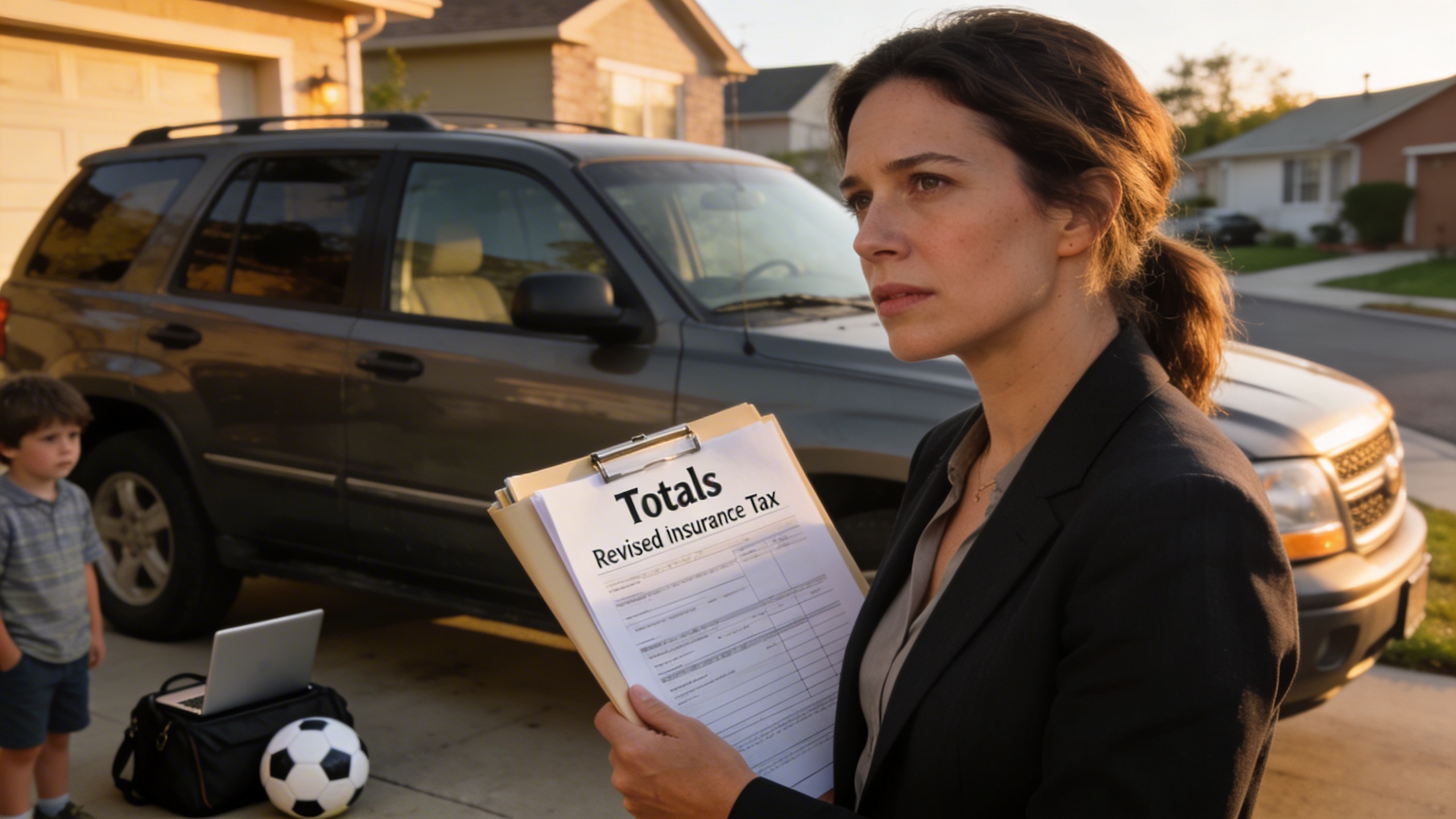 Woman standing by her SUV holding insurance and tax paperwork after a high-cost loan, a real dealership result story about total car costs and budget adjustments