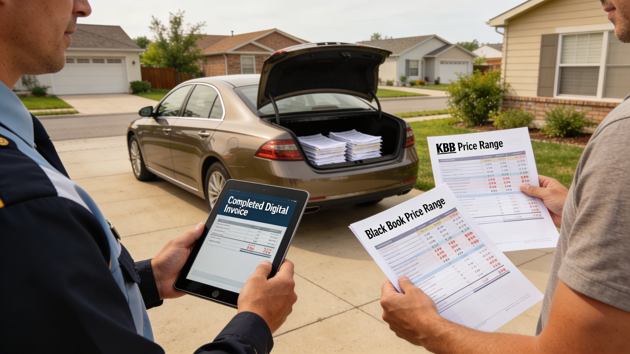 Home delivery handoff with buyer reviewing price comparisons and delivery paperwork, showing how to buy a car without inventory markup